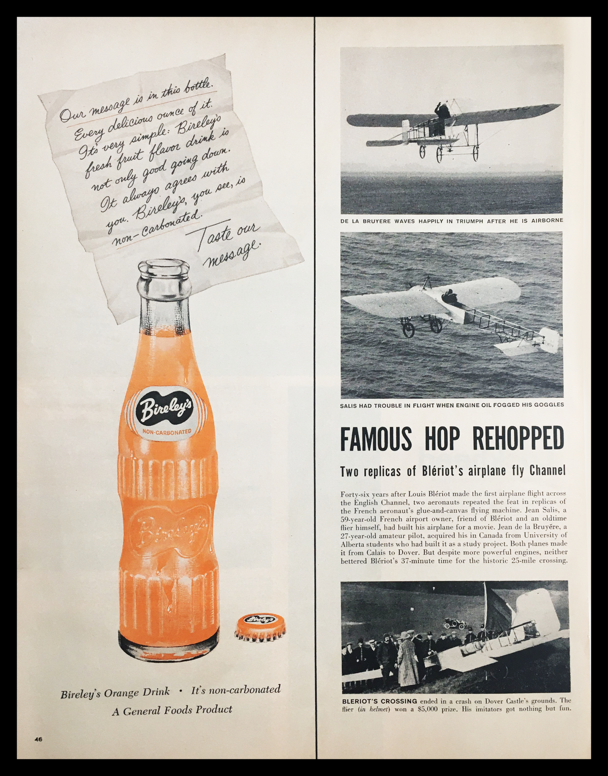 Vintage print advertisement for 1955 Bireley's Non-Carbonated Orange Drink featuring a bottle and promotion of its refreshing taste along with airplane imagery, ideal for collectors and retro art enthusiasts.