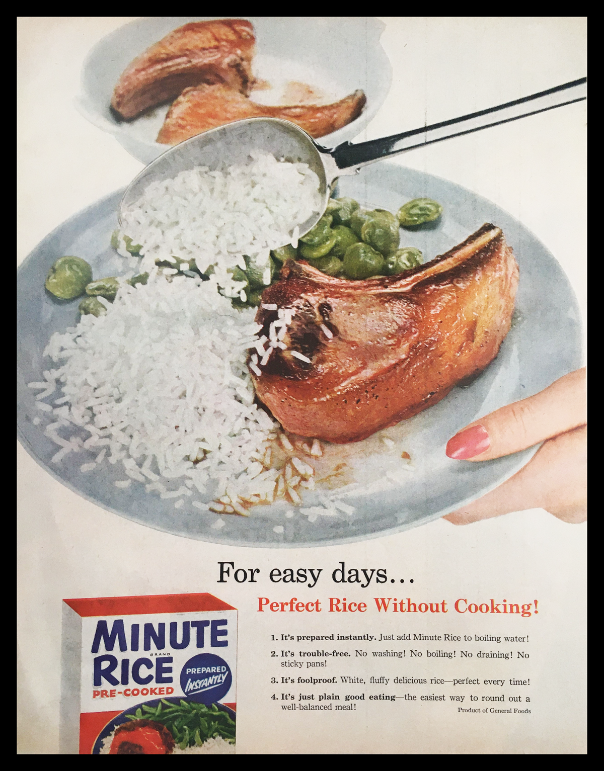 1955 Minute Rice Brand Pre-Cooked Vintage Print Ad featuring a delicious plate of rice with meat and vegetables, showcasing the convenience of pre-cooked rice.