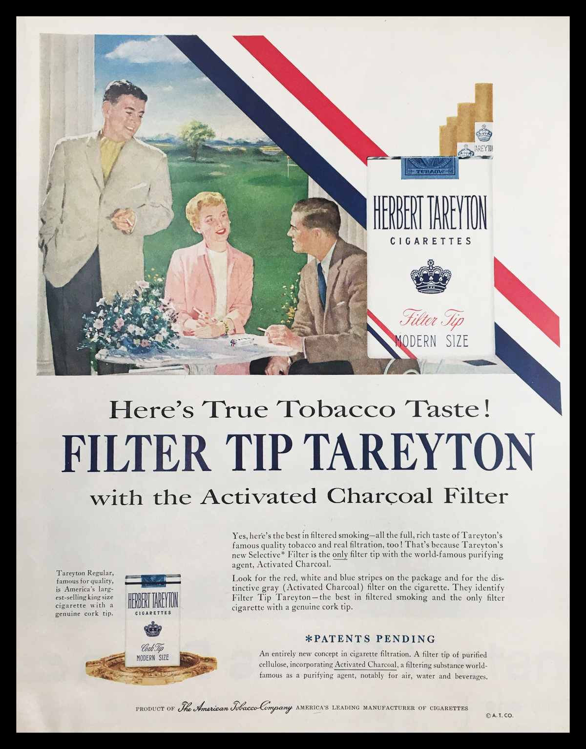 1955 Herbert Tareyton Cigarettes Vintage Print Ad featuring a group of people enjoying a casual conversation with a cigarette advertisement displaying a filter tip design and text emphasizing true tobacco taste.