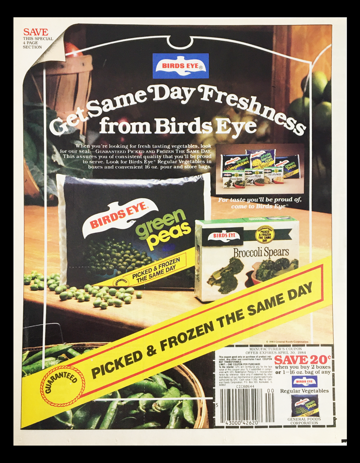 1984 Birds Eye Green Peas Picked & Frozen Same Day Circular Coupon Advertisement featuring a promotional image for Birds Eye green peas and broccoli spears, emphasizing freshness and a 20-cent savings offer.