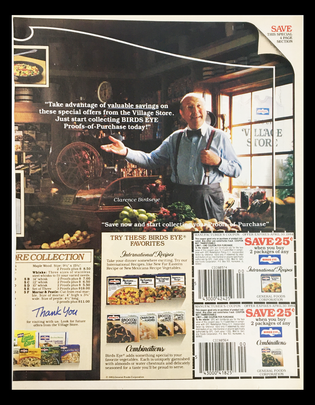 1984 Birds Eye Green Peas Picked & Frozen Same Day Circular Coupon Advertisement featuring Clarence Birdseye, promoting savings on Birds Eye products with a vintage aesthetic.