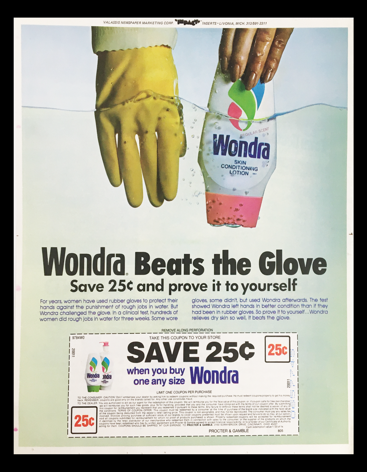 1980 Wondra Skin Conditioning Lotion Advertisement showcasing a product bottle in water, promoting a 25 cent savings offer, with an emphasis on the effectiveness of Wondra over rubber gloves.