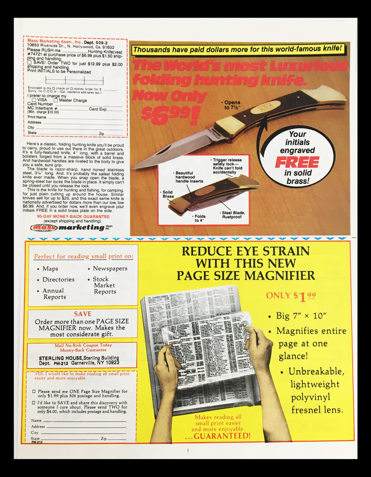 1980 Kraft June Cheesefest Circular Coupon Advertisement back side displaying additional offers, featuring a folding hunting knife promotion and a page size magnifier, emphasizing affordability and product benefits.