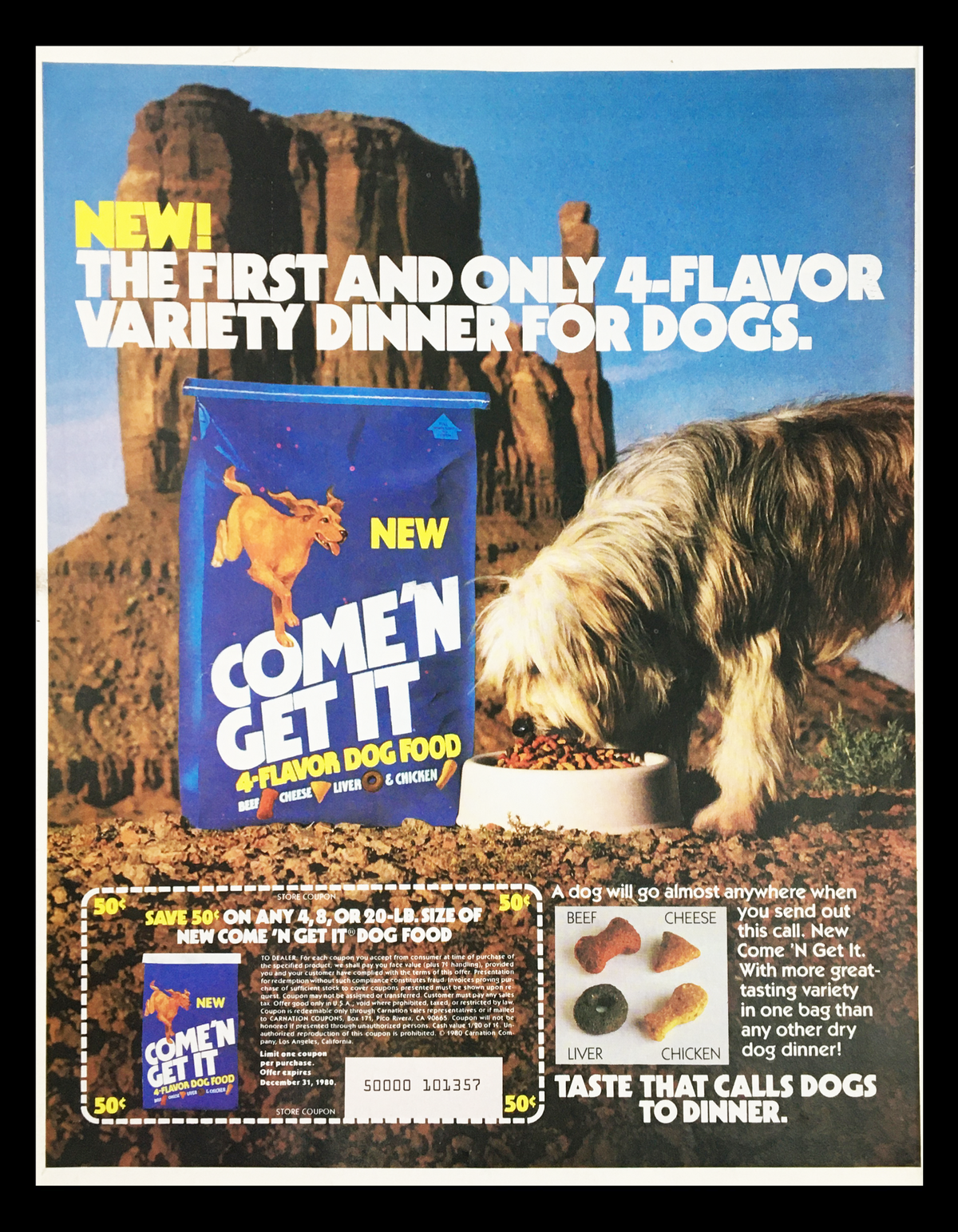 1981 Come 'N Get It Dog Food Circular Advertisement featuring the first 4-flavor variety dinner for dogs with a dog eating from a bowl.