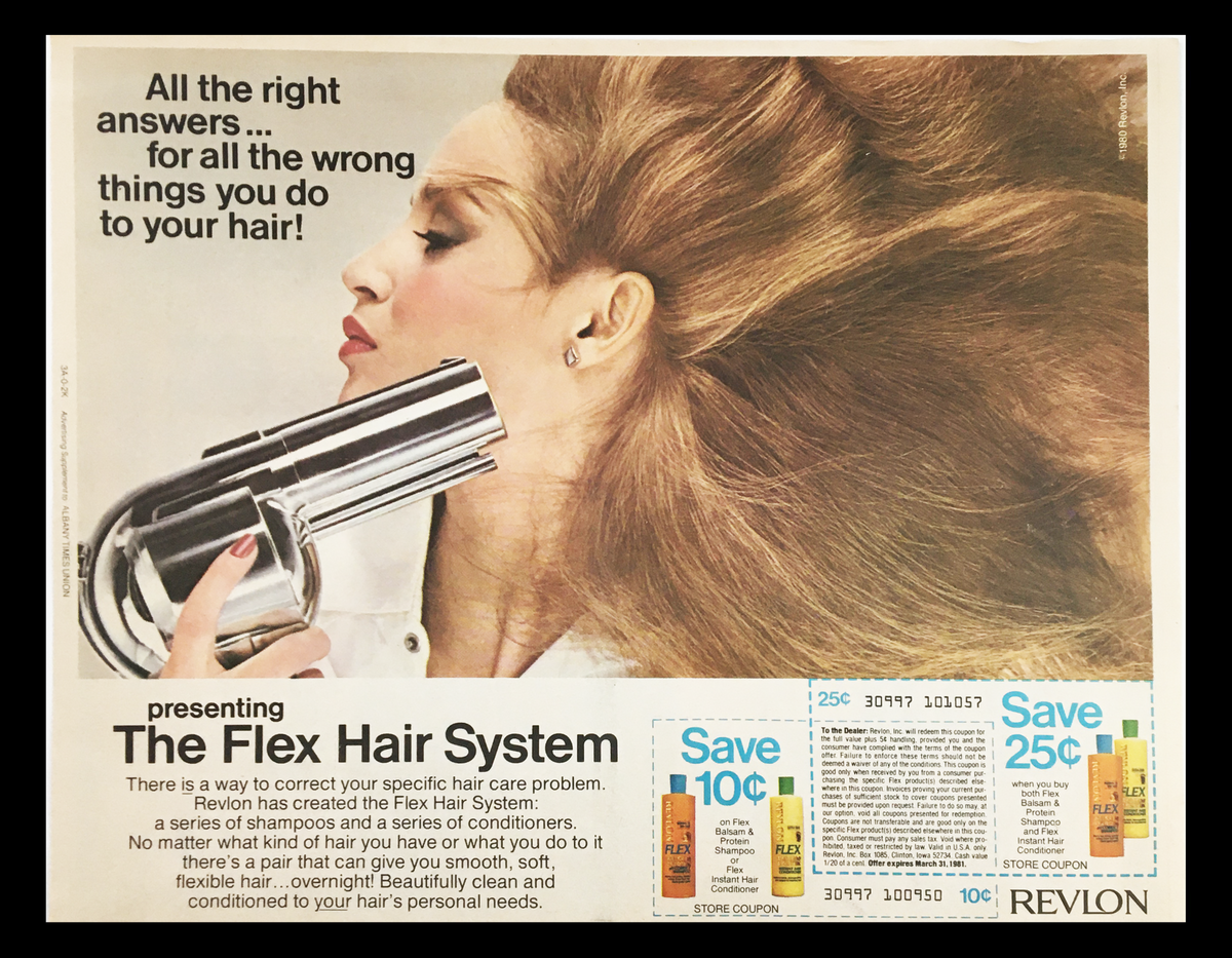 1981 Revlon The Flex Hair System Circular Coupon Advertisement featuring a model with voluminous hair using a styling tool, highlighting hair care solutions with promotional coupons available.