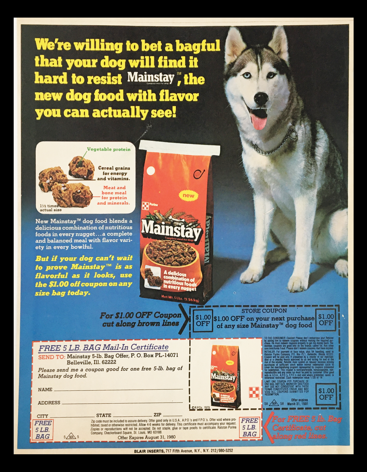 1981 Mainstay Dog Food Advertisement showcasing a Siberian Husky next to a bag of dog food, emphasizing the product's visible ingredients and a discount coupon offer.