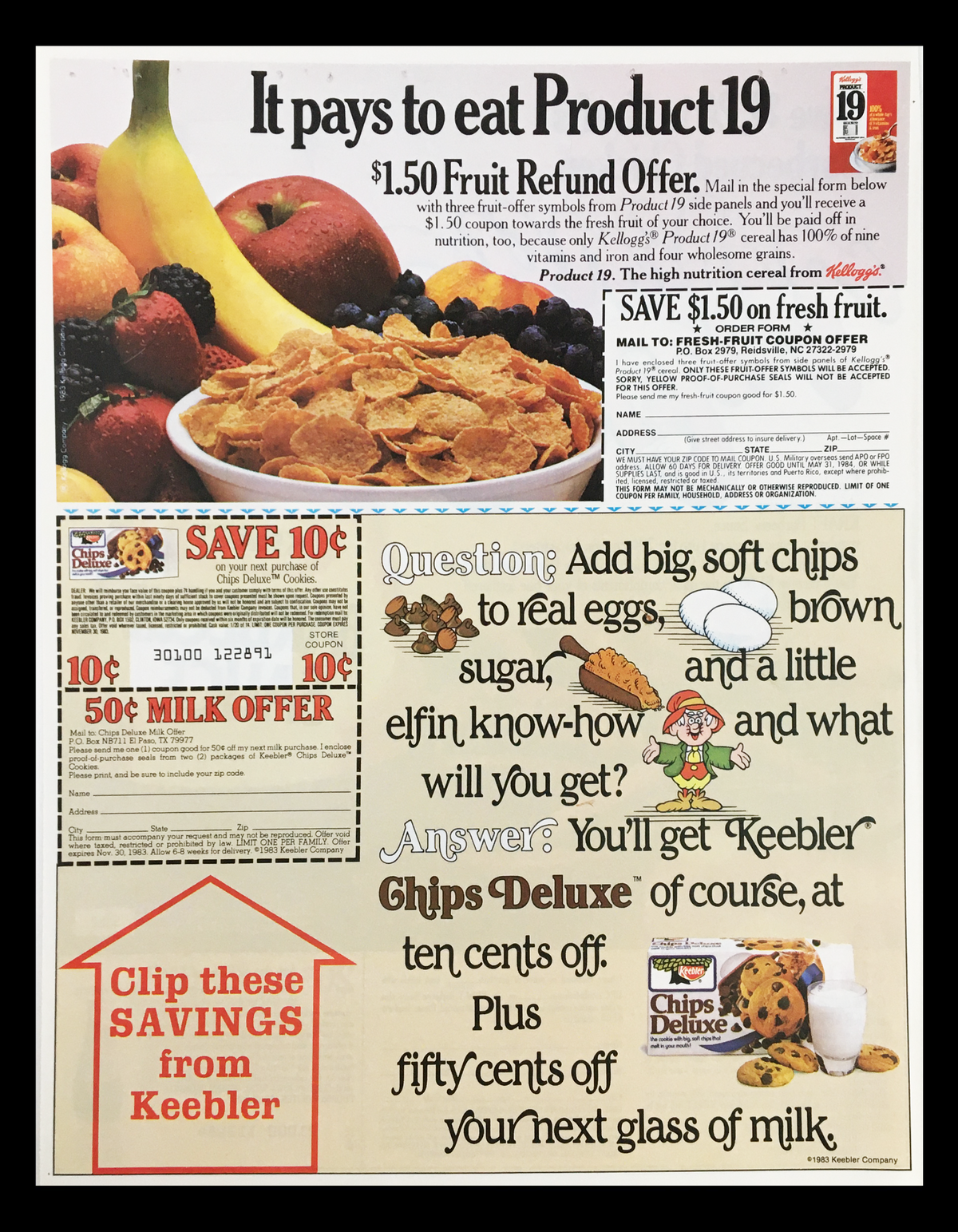 1983 Product 19 advertisement showcasing a $1.50 Fruit Refund Offer with images of fruit, cereal, and Keebler Chips Deluxe cookies, encouraging savings on grocery purchases.
