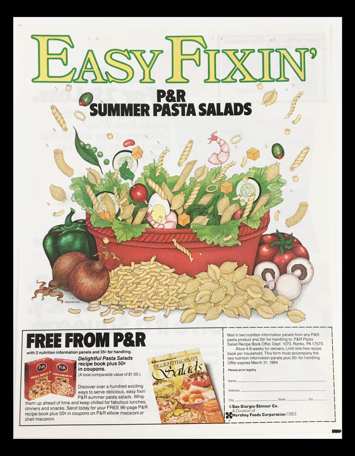 1983 Easy Fixin' P&R Summer Pasta Salads Circular Coupon Advertisement featuring a vibrant illustration of a salad bowl filled with pasta and vegetables, promoting Easy Fixin' Summer Pasta Salads.