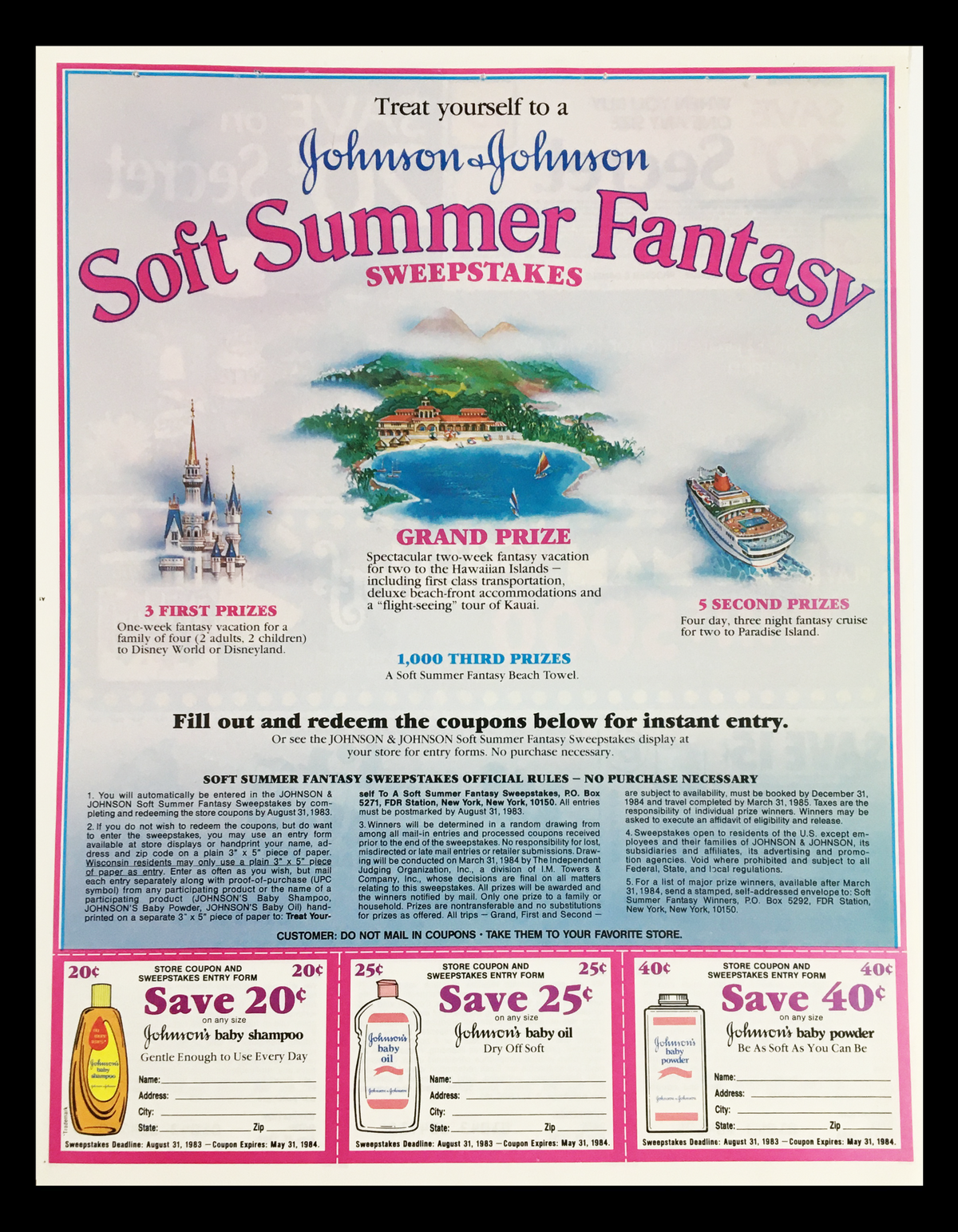1984 Johnson & Johnson Summer Fantasy Sweepstakes Circular Coupon Advertisement featuring promotional details for the sweepstakes, including grand and first prize information, and a colorful illustration of a summer beach theme.