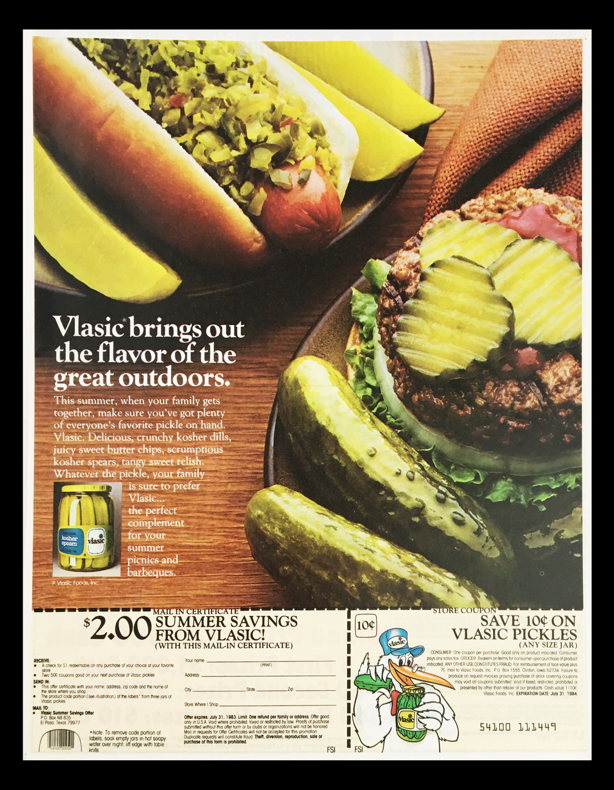 1983 Vlasic Great Flavor Pickles Circular Coupon Advertisement featuring hot dogs and pickles, with a coupon for savings. Showcases nostalgic food culture of the 1980s.