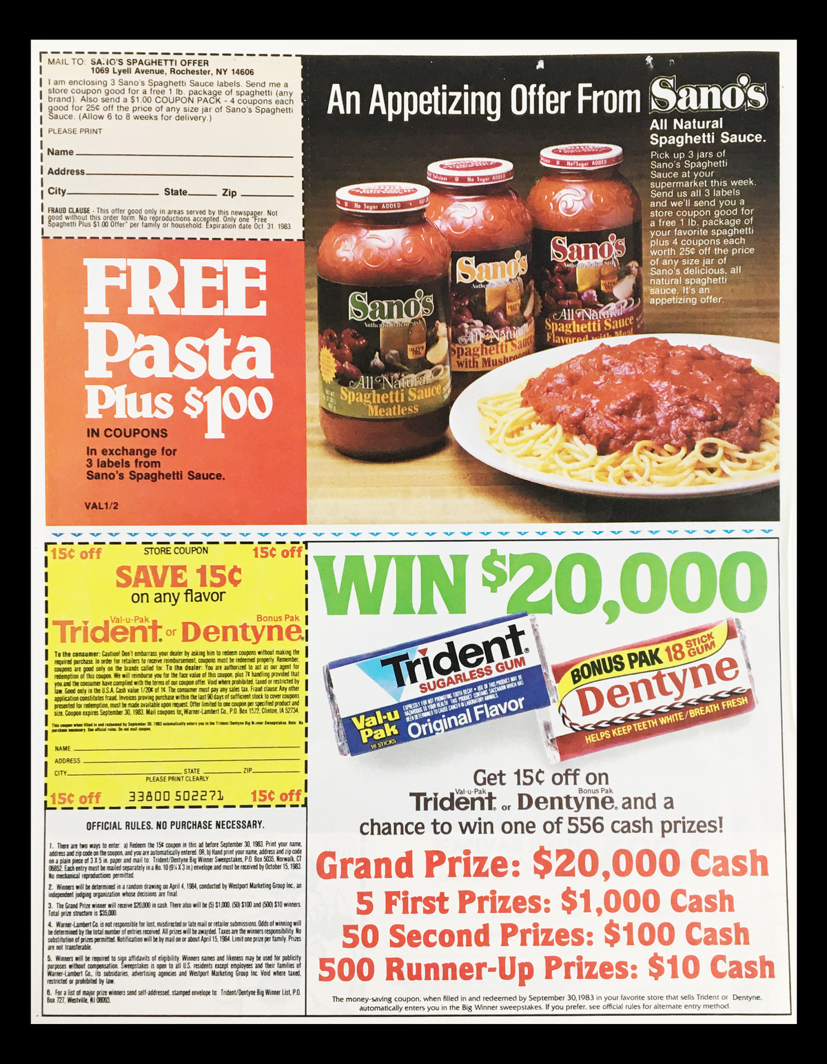 An advertisement from 1983 featuring a Sanos spaghetti sauce offer alongside a coupon for savings on Trident or Dentyne gum, reflecting marketing strategies of the era.