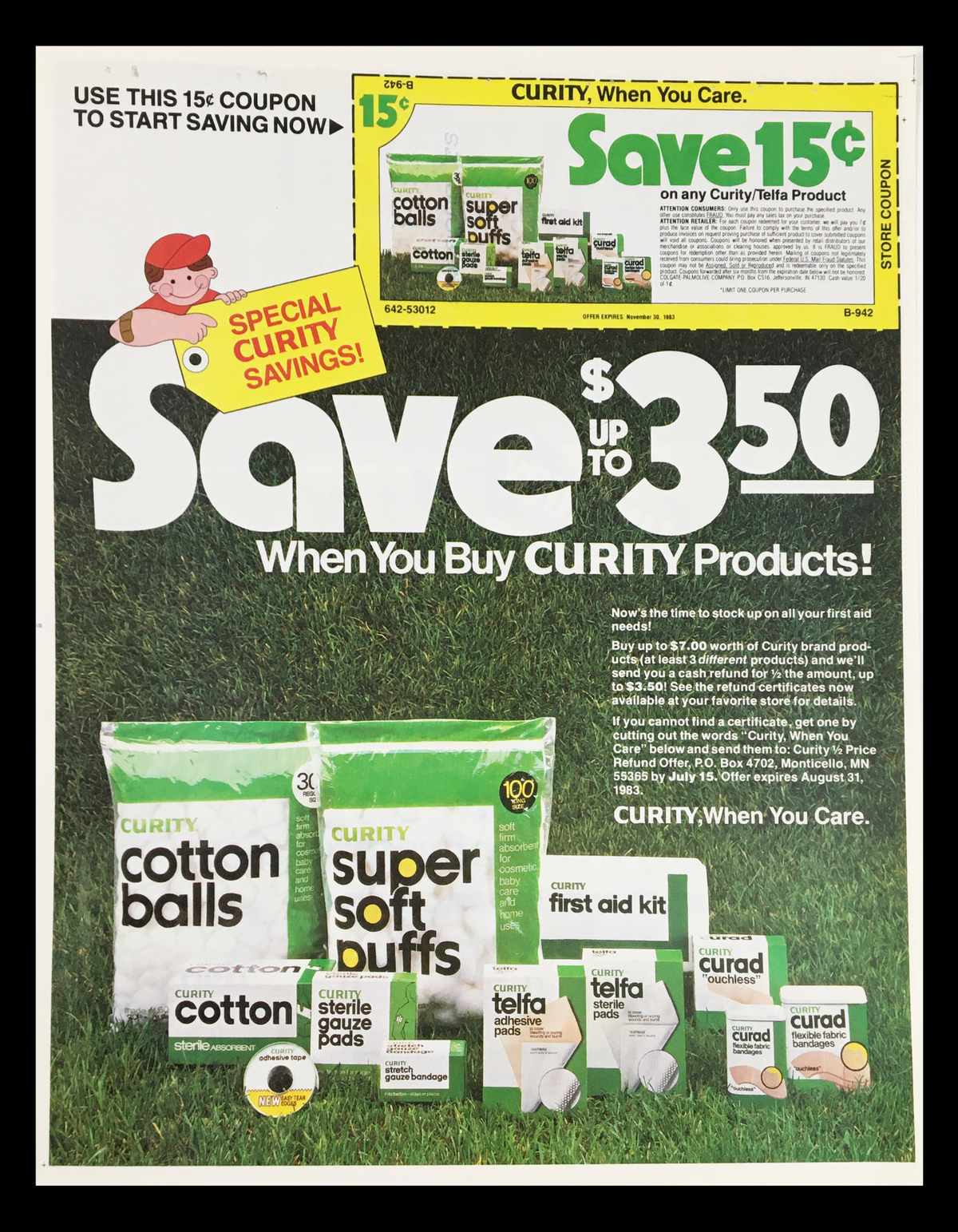 1983 Curity Cotton Balls & Sterile Gauze Pads Circular Coupon Advertisement showcasing savings on Curity products with promotional offers and images of cotton balls and puffs.