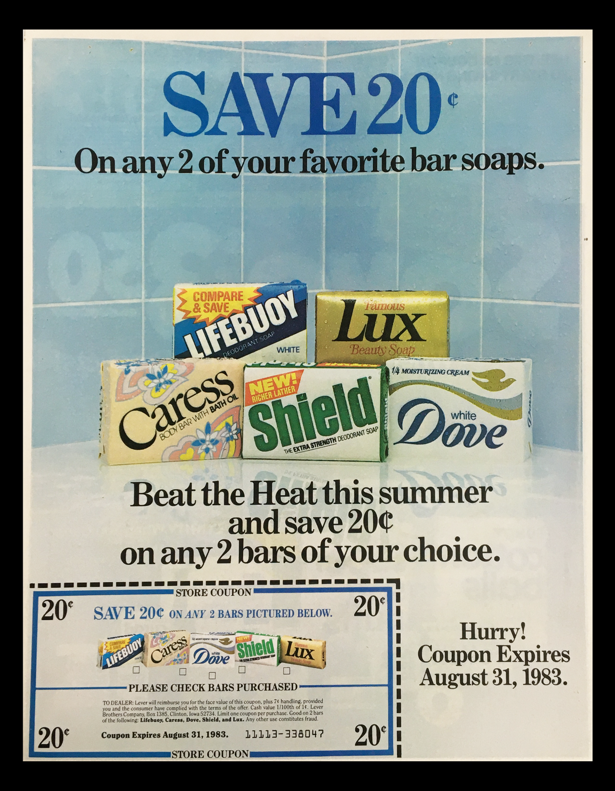 1983 coupon advertisement for saving 20 cents on bar soaps including Lifebuoy, Lux, Caress, Shield, and Dove, featuring an appealing layout with summer themes.