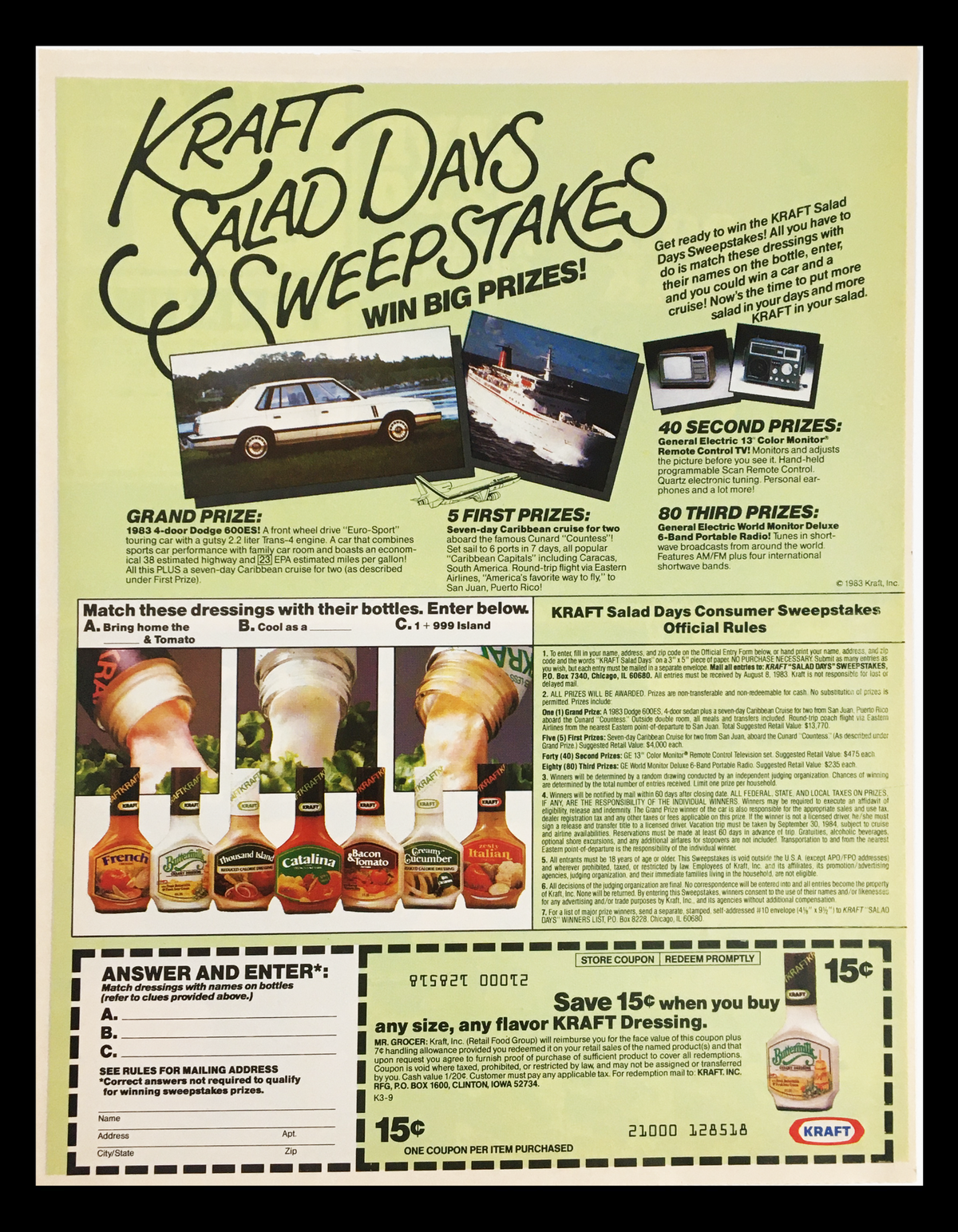 1983 Kraft Salad Days Sweepstakes Circular Coupon Advertisement featuring grand, first, and third prizes, showcasing promotion details and including vibrant images of food products.
