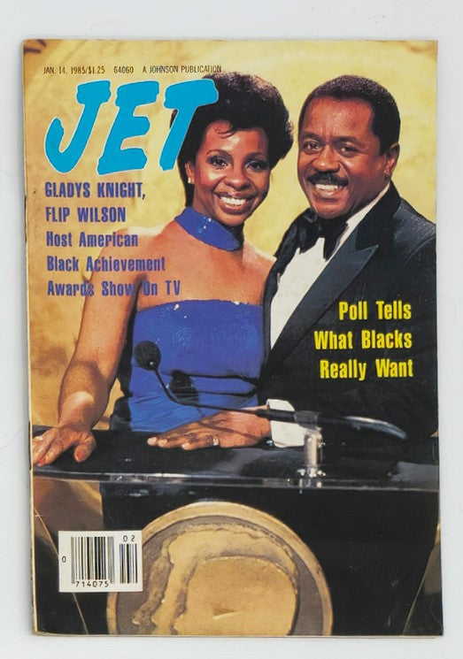 Vintage Jet Magazine cover from January 14, 1985 featuring Gladys Knight and Flip Wilson, highlighting their roles as hosts of the American Black Achievement Awards Show on TV. The cover includes bold blue text with the magazine title 'JET' and features a poll titled 'What Blacks Really Want'.