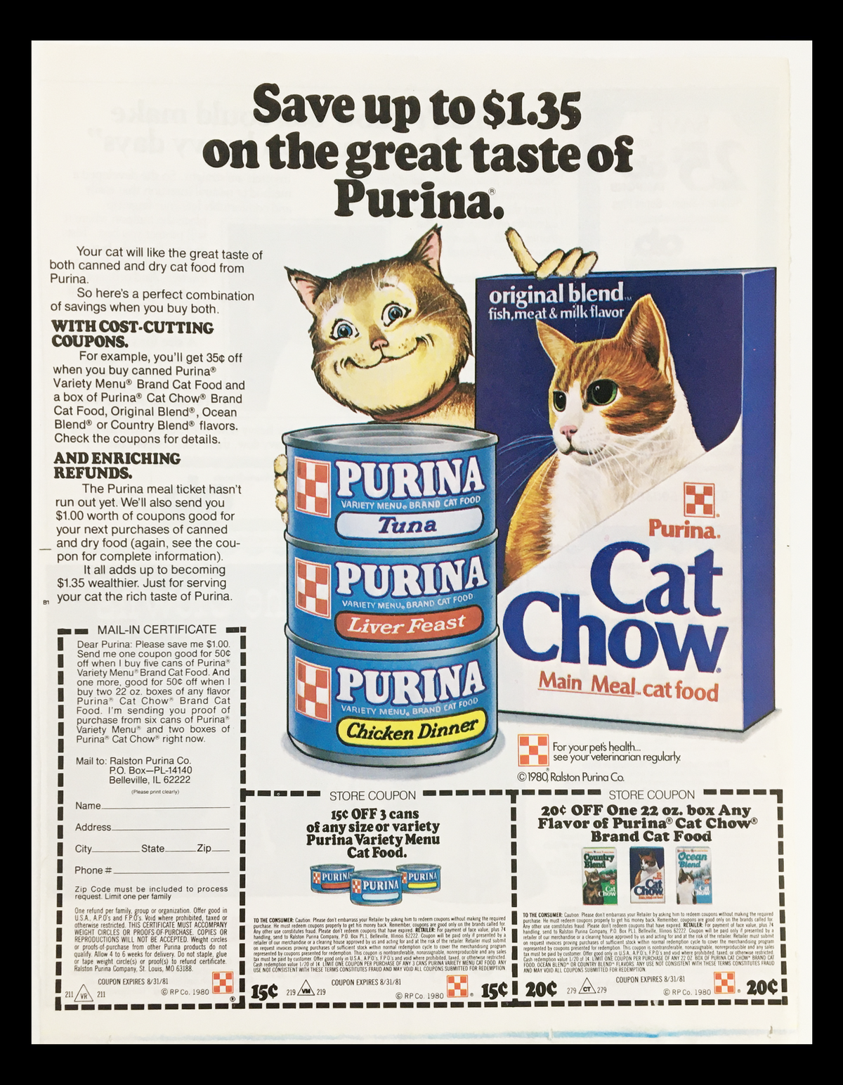 1980 Purina Brand Cat Food Tuna Circular Coupon Advertisement showcasing various Purina cat food products, including Tuna, Liver Feast, and Chicken Dinner with a promotional savings message.