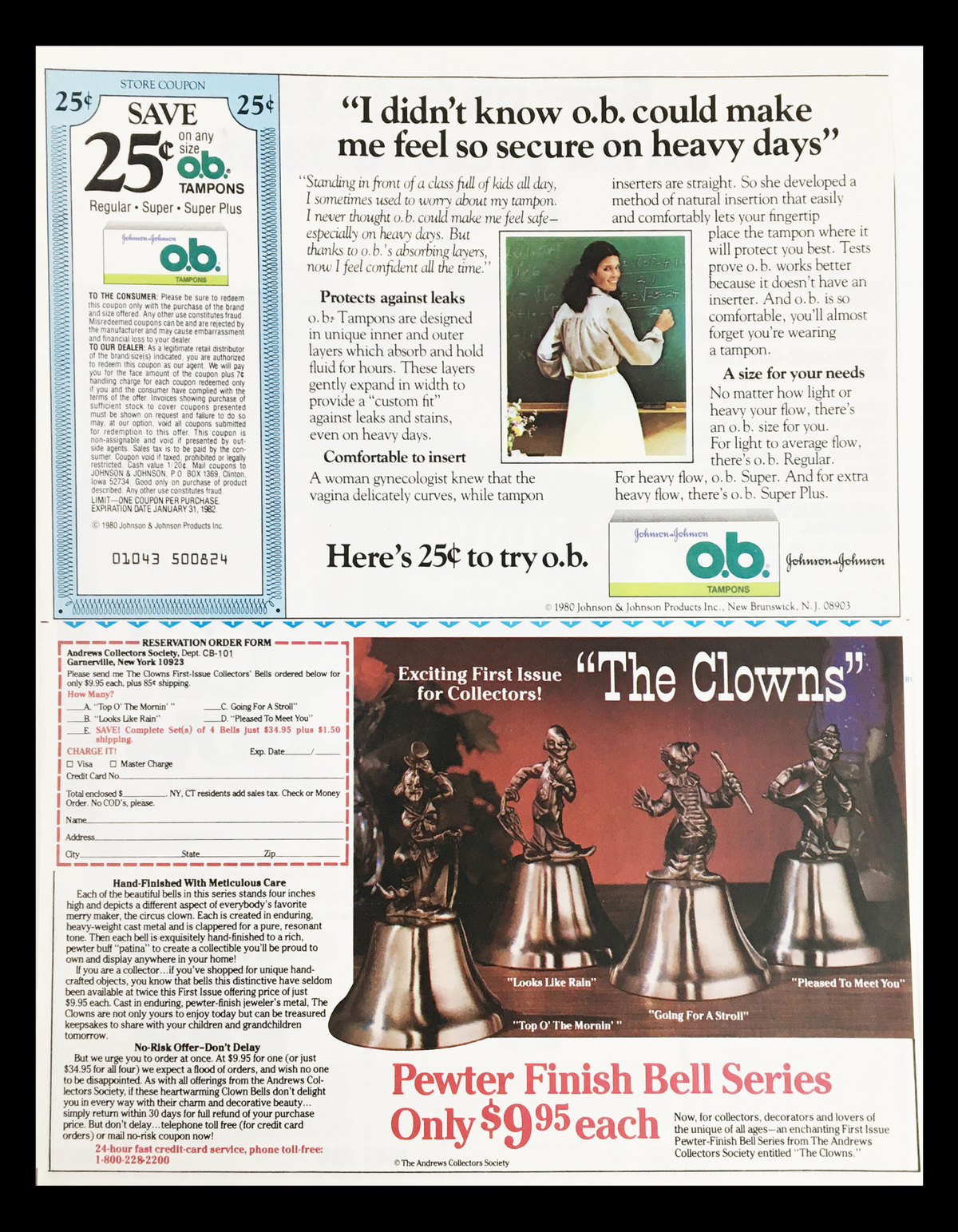 Advertisement featuring o.b. Tampons with a coupon for savings, highlighting their absorbency and comfort features, alongside a promotional image for collector bells.