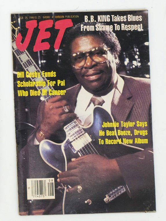 Cover of VTG Jet Magazine February 24, 1986 featuring B.B. King, with headlines about John's Taylor's triumph over addiction and Bill Cosby's scholarship fund, showcasing a significant cultural moment.