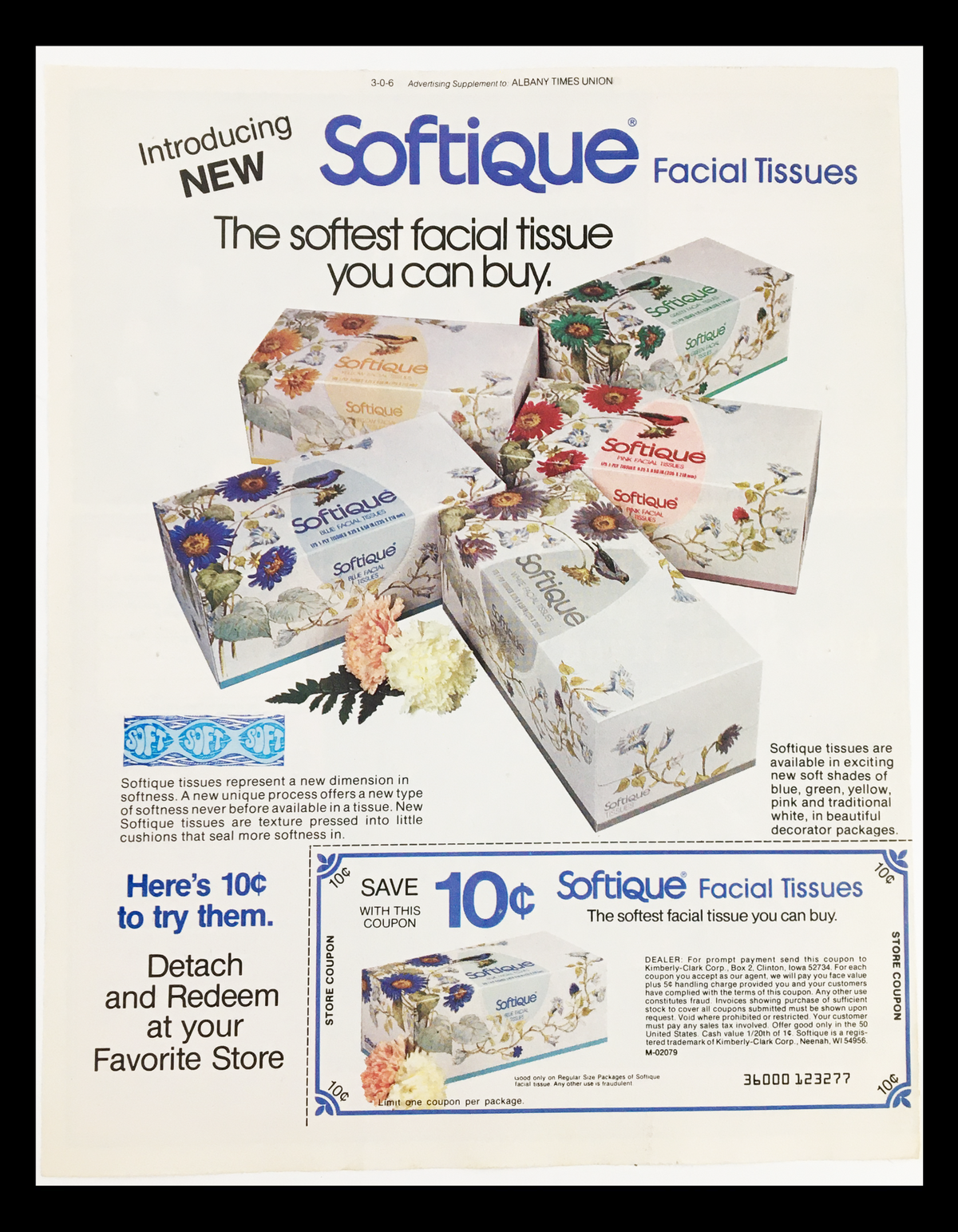 1981 Softique Facial Tissues Circular Coupon Advertisement featuring various designs of Softique tissue box packaging, highlighting their softness and providing a 10 cent coupon for customers.