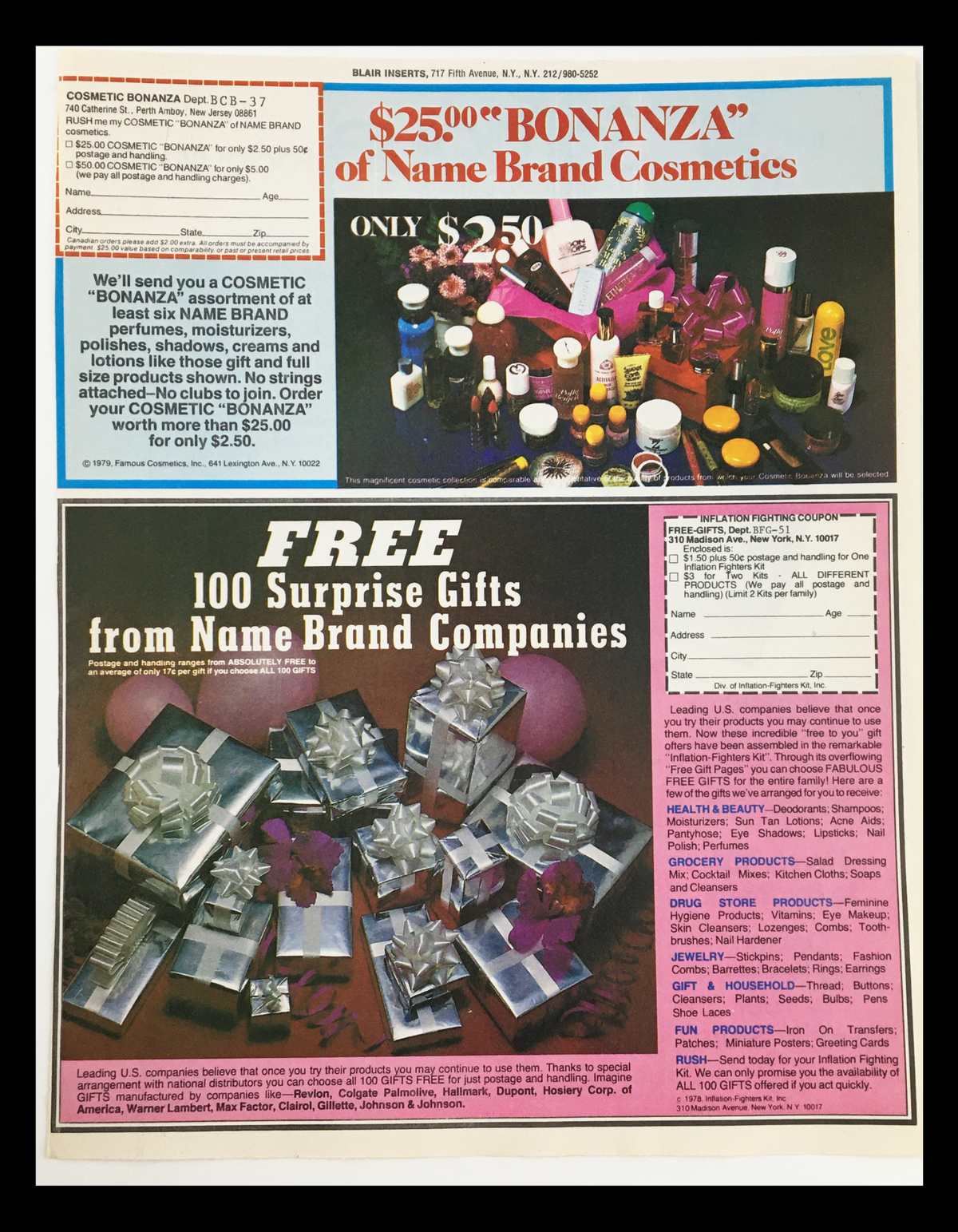 1981 advertisement for a cosmetic bonanza offer showcasing a variety of name brand cosmetics, with a section for a coupon, emphasizing surprise gifts and special products available.