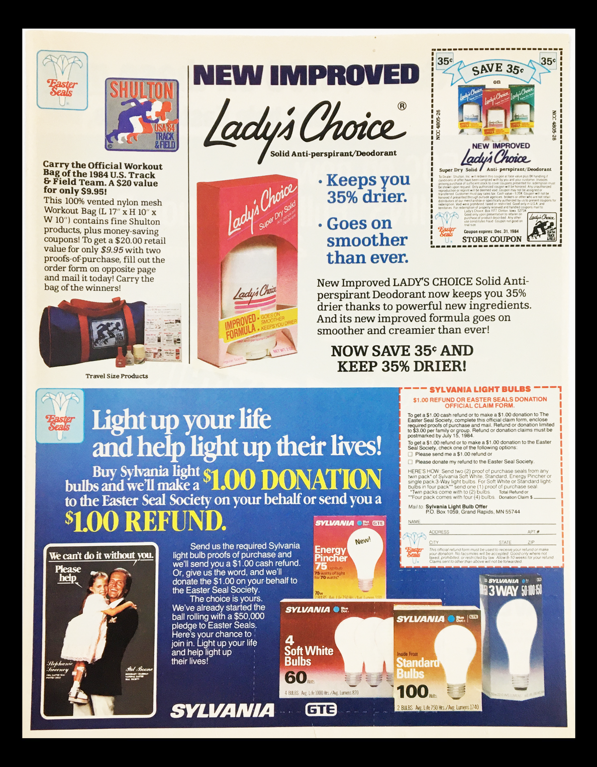 1984 Deodorant Regular Maxithins Protection Pads Circular Coupon Advertisement featuring Lady's Choice solid anti-perspirant deodorant and promotional offers for Sylvania light bulbs.