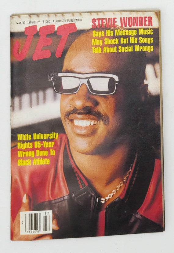 Vintage Jet Magazine cover from May 30, 1988 featuring Stevie Wonder discussing social issues and rights of black athletes. The cover includes the title 'JET' and highlights Stevie Wonder's statements on music and social wrongs. Minor wear on the magazine is noted in the product listing.