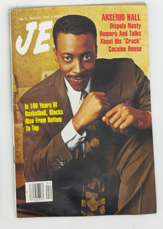 Cover of VTG Jet Magazine January 27 1992 featuring Arsenio Hall who dispels nasty rumors, discussing his 'Crack' cocaine house. The magazine also includes content about the rise of Black athletes in basketball.
