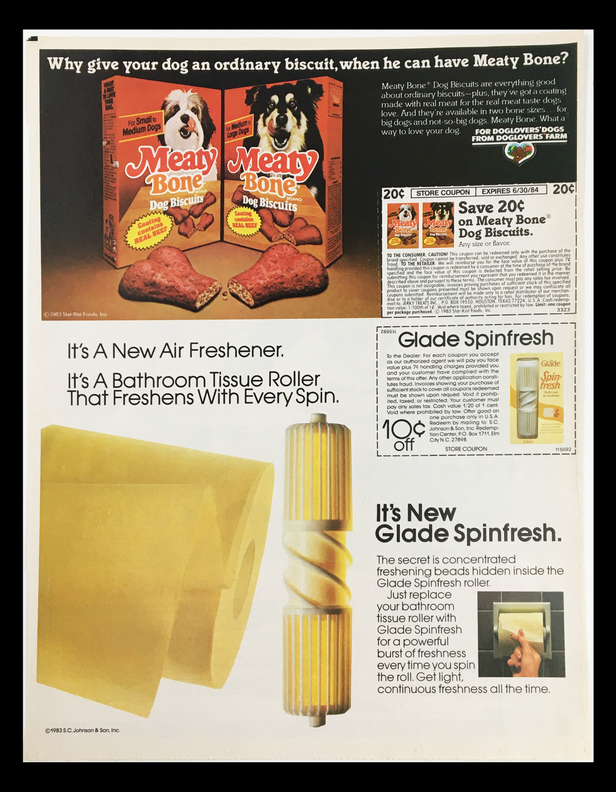 1983 Satin 100's Filter Circular Advertisement highlighting a variety of products including dog biscuits and a bathroom tissue roller, emphasizing unique features and promotional discounts.