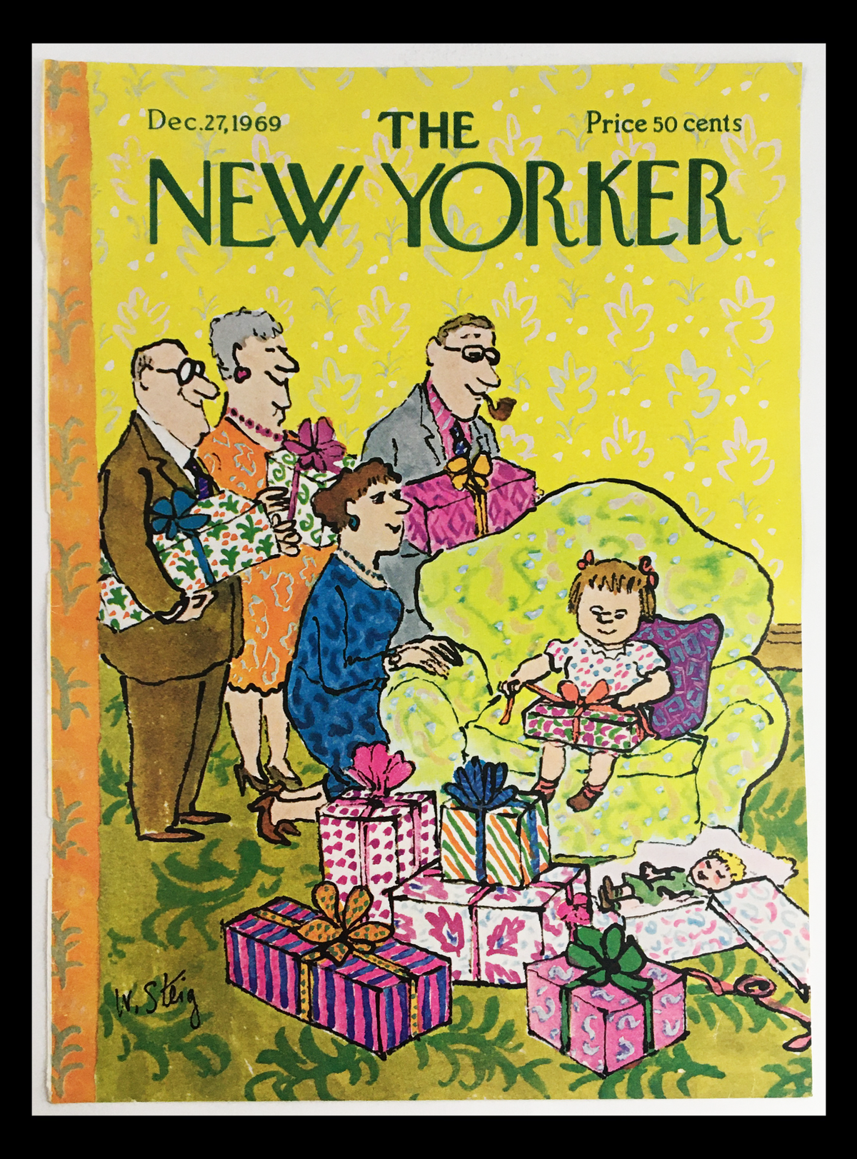 Cover of The New Yorker dated December 27, 1969, illustrated by William Steig, featuring a family scene with colorful wrapped presents and a child seated, symbolizing holiday celebrations.