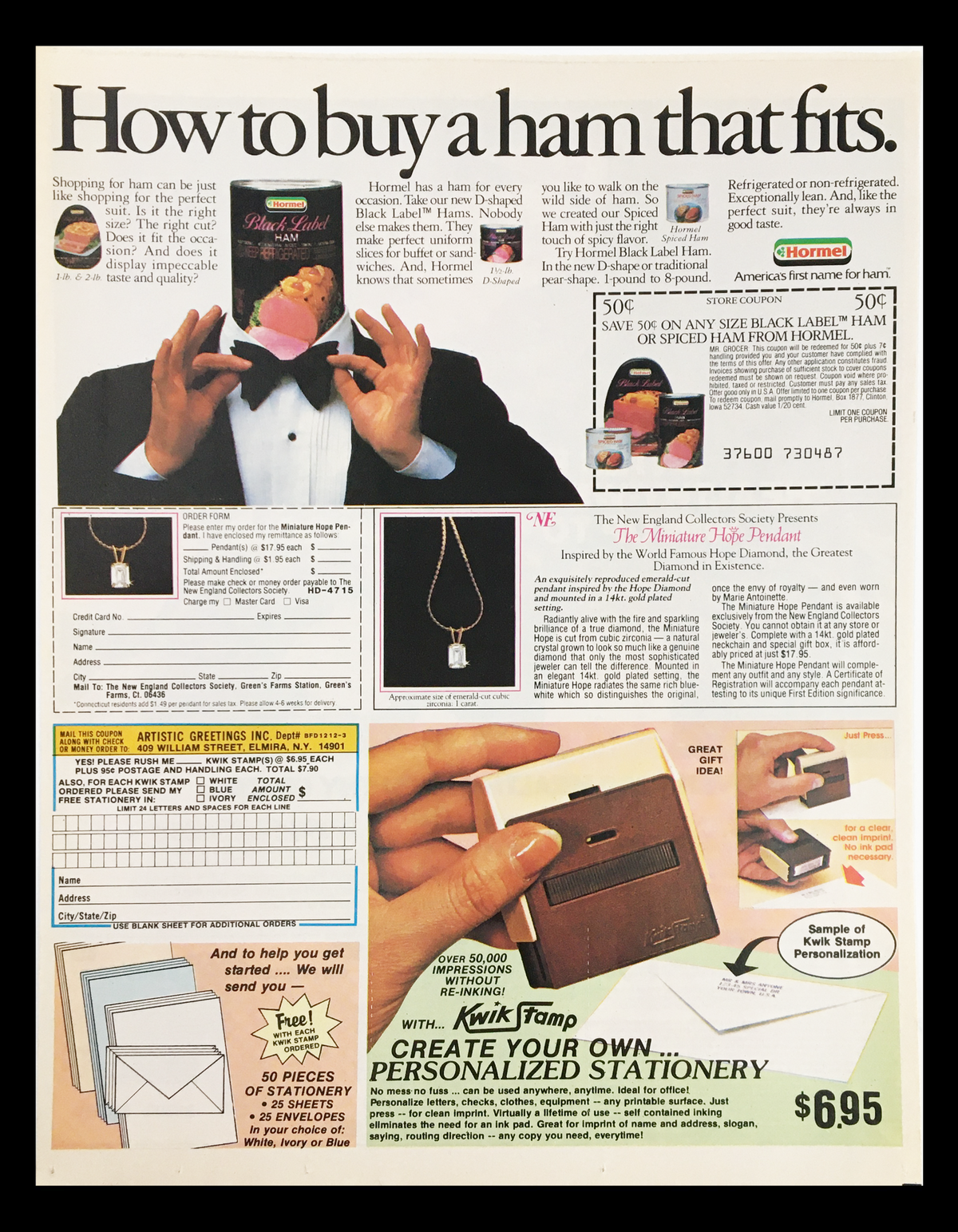 1983 Fleischmann's 100% Corn Oil Margarine Circular Coupon Advertisement featuring vintage ham promotion and personalized stationery items for nostalgic collectors.