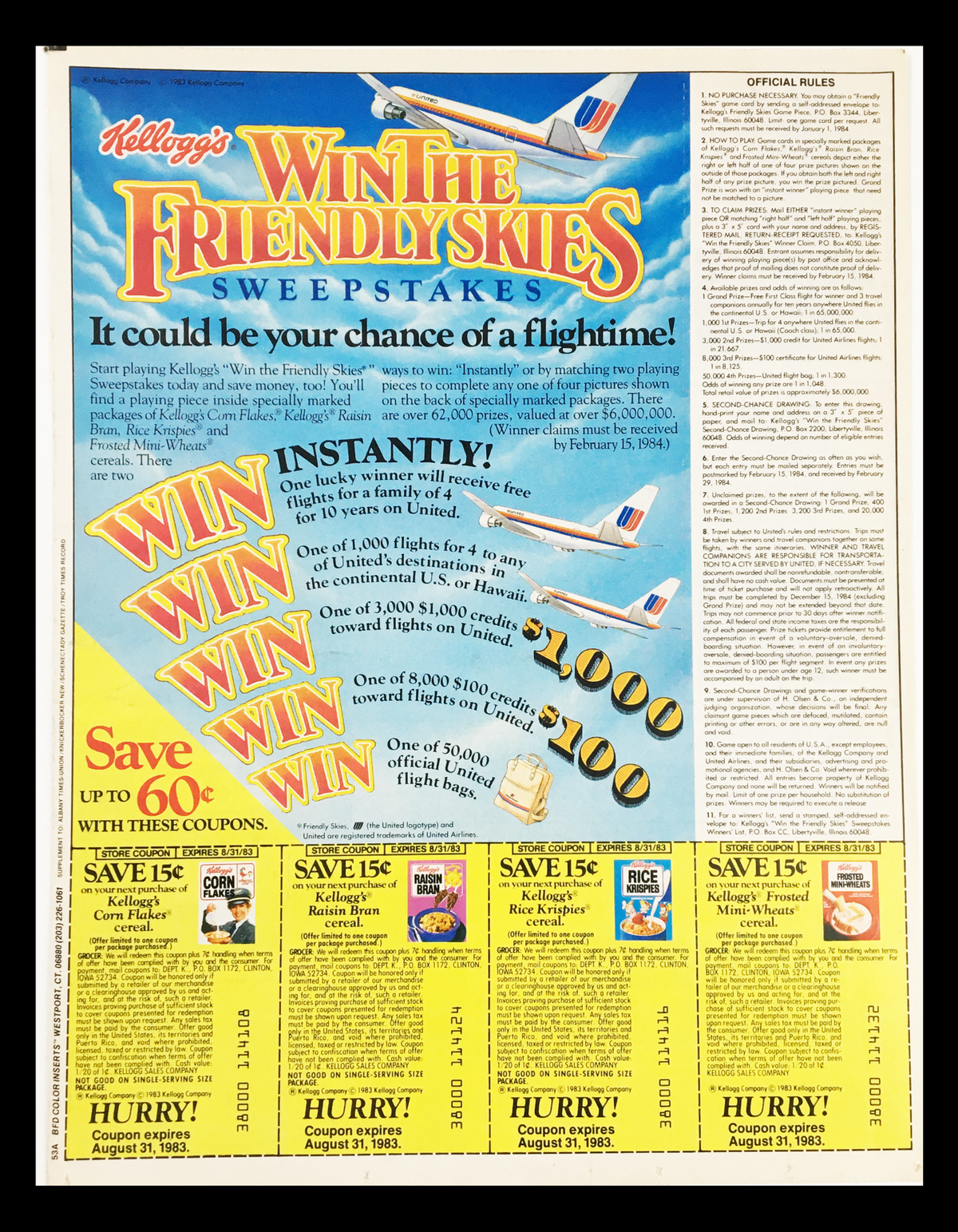 1983 Kellogg's Win The Friendly Skies Sweepstakes Circular Coupon Advertisement showcasing various coupon offers with colorful graphics. The ad promotes a chance to win flights and savings on Kellogg's products.