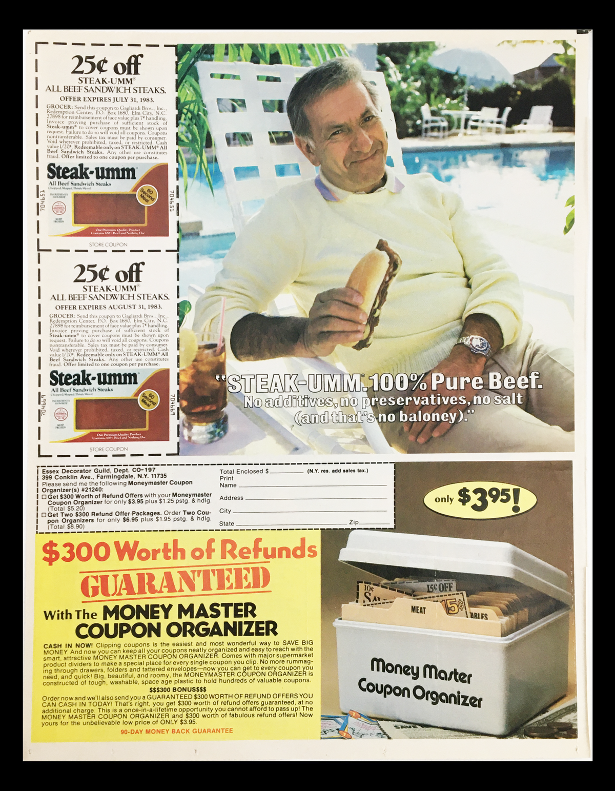 Advertisement for Steak-umm and Money Master Coupon Organizer. Features a man relaxing by a pool and promotions for beef products alongside coupon savings.