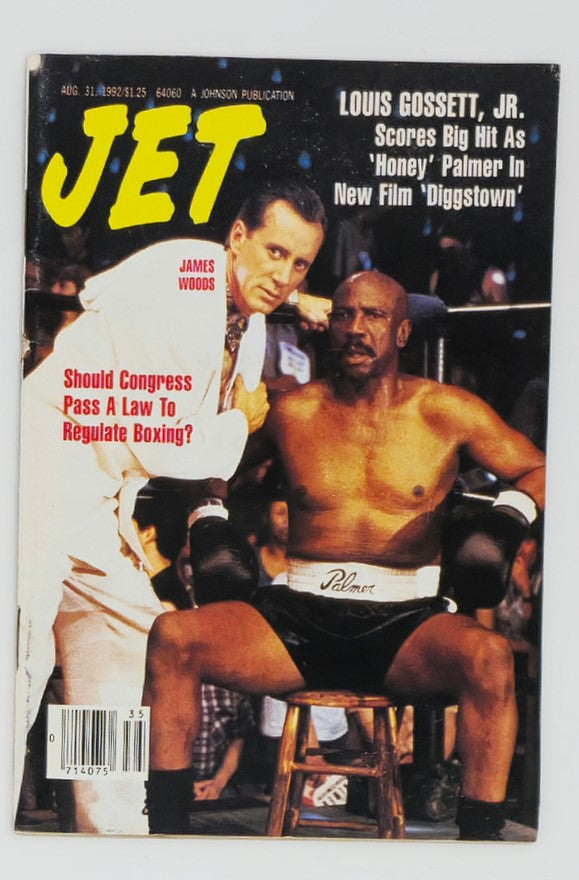 Cover of VTG Jet Magazine from August 31, 1992, featuring James Woods and Louis Gossett Jr., promoting Gossett's role in 'Diggstown', asking about boxing regulations, and highlighting magazine details.