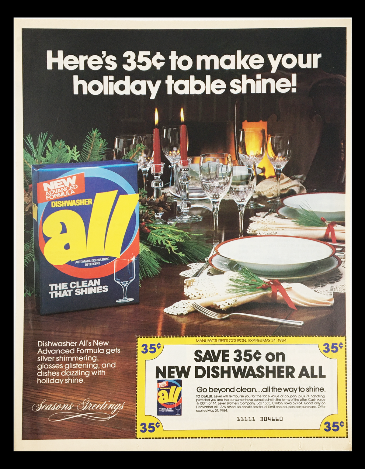 1984 Dishwasher All Dishwashing Detergent Circular Coupon Advertisement featuring the product box, holiday dining setting with tableware, and promotional offer to save 35 cents.