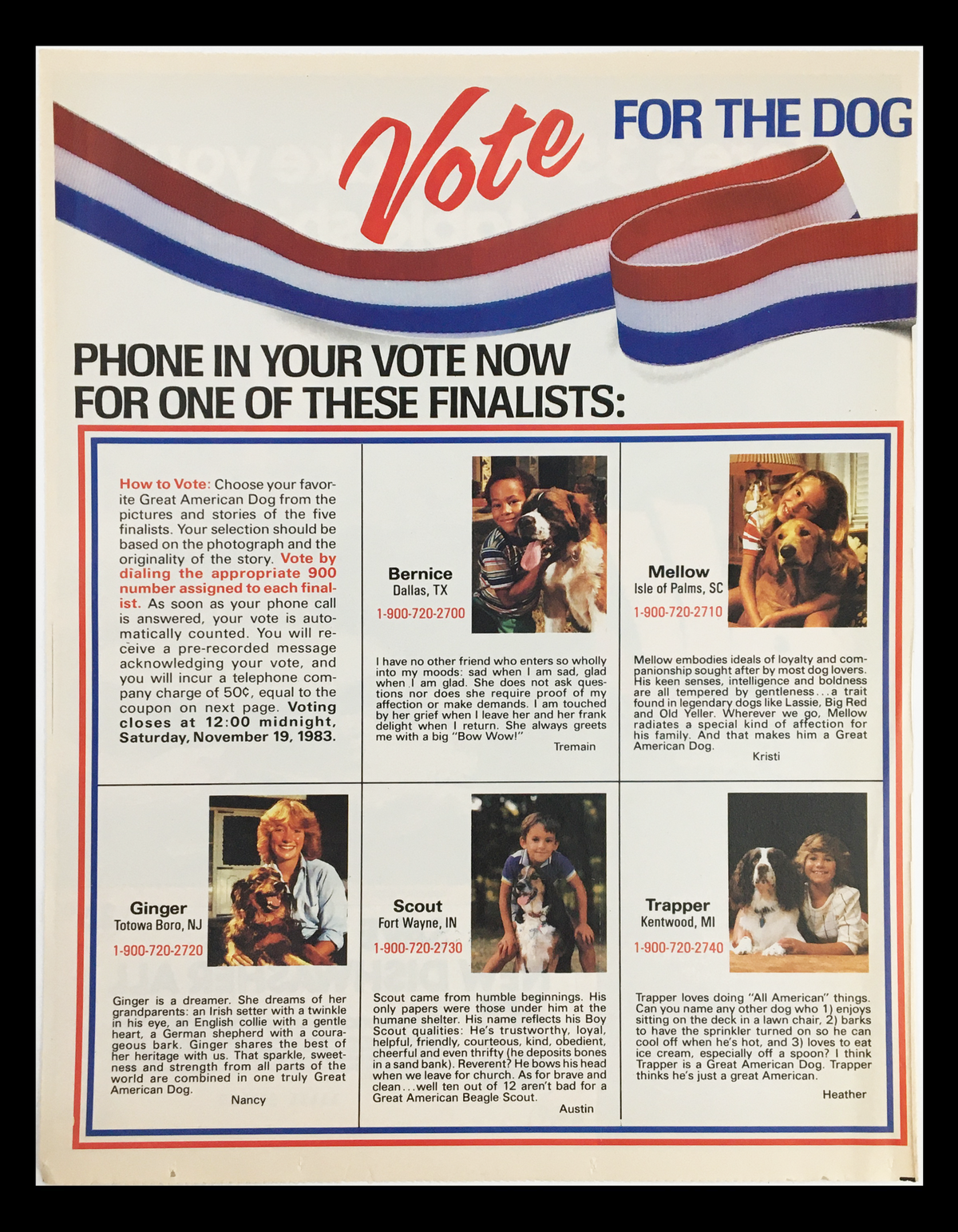 1984 Vote for the Dog advertisement showcasing finalists, including images of dogs and contact information for voting, promoting pet adoption and awareness.