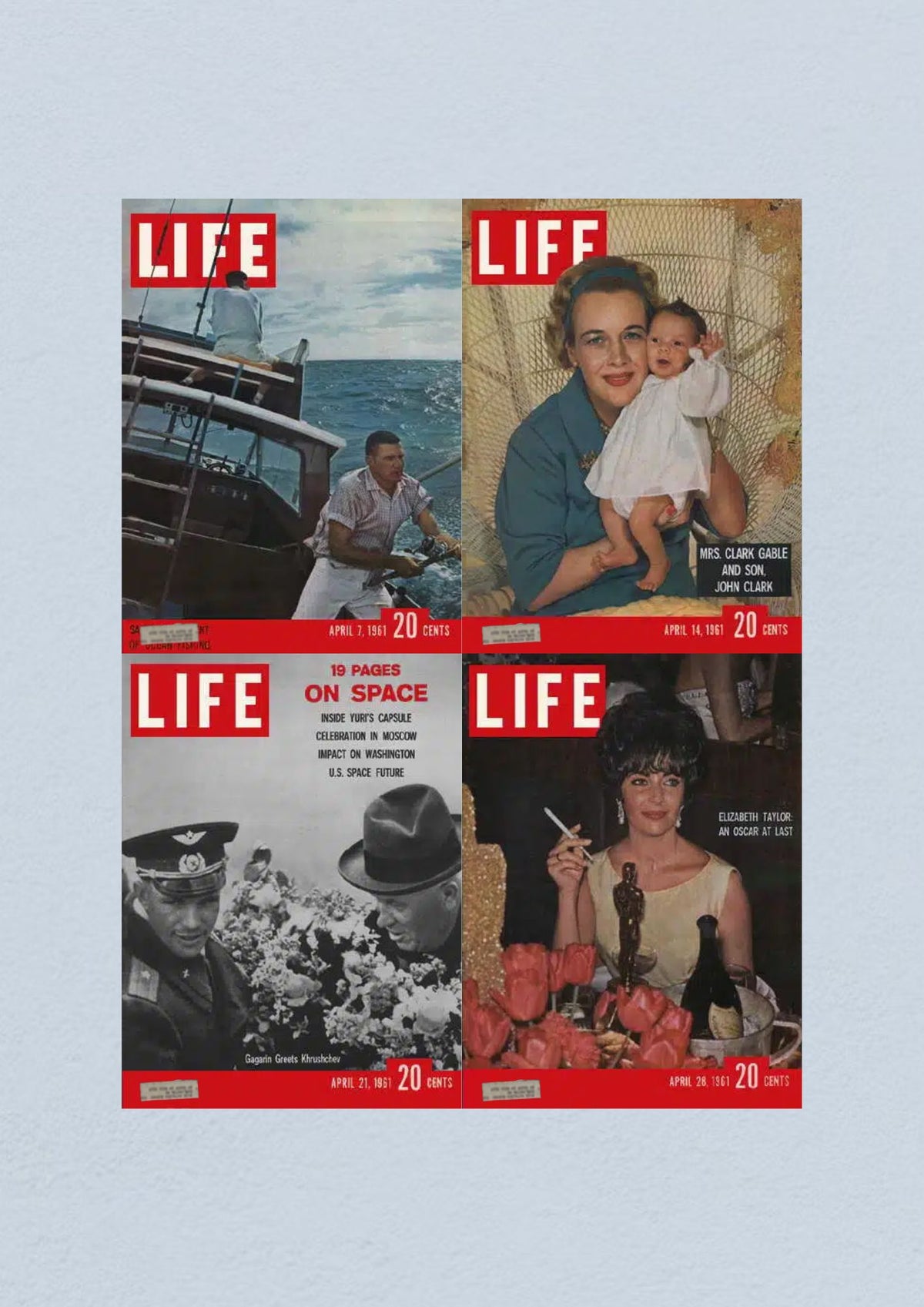 Life Magazine Lot of 4 Full Month April 1961 covers featuring ocean fishing on April 7, Clark Gable with his son on April 14, Gagarin greeting Khrushchev on April 21, and Elizabeth Taylor celebrating an Oscar on April 28, capturing pivotal moments from the Civil Rights Era.