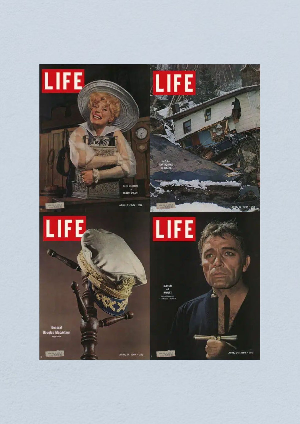Life Magazine cover from April 3, 1964 featuring Carol Channing as she appears in Hello Dolly. Highlights the Civil Rights Era aspects of the magazine.