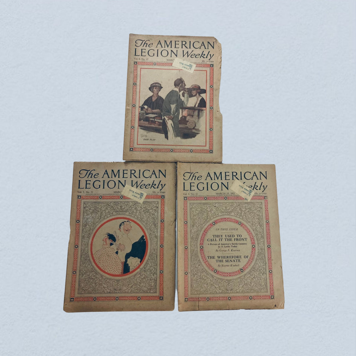 Lot of 40 VTG The American Legion Weekly Magazine January, December 1921 including three vintage magazine covers that reflect the cultural landscape and discussions of the 1920s.