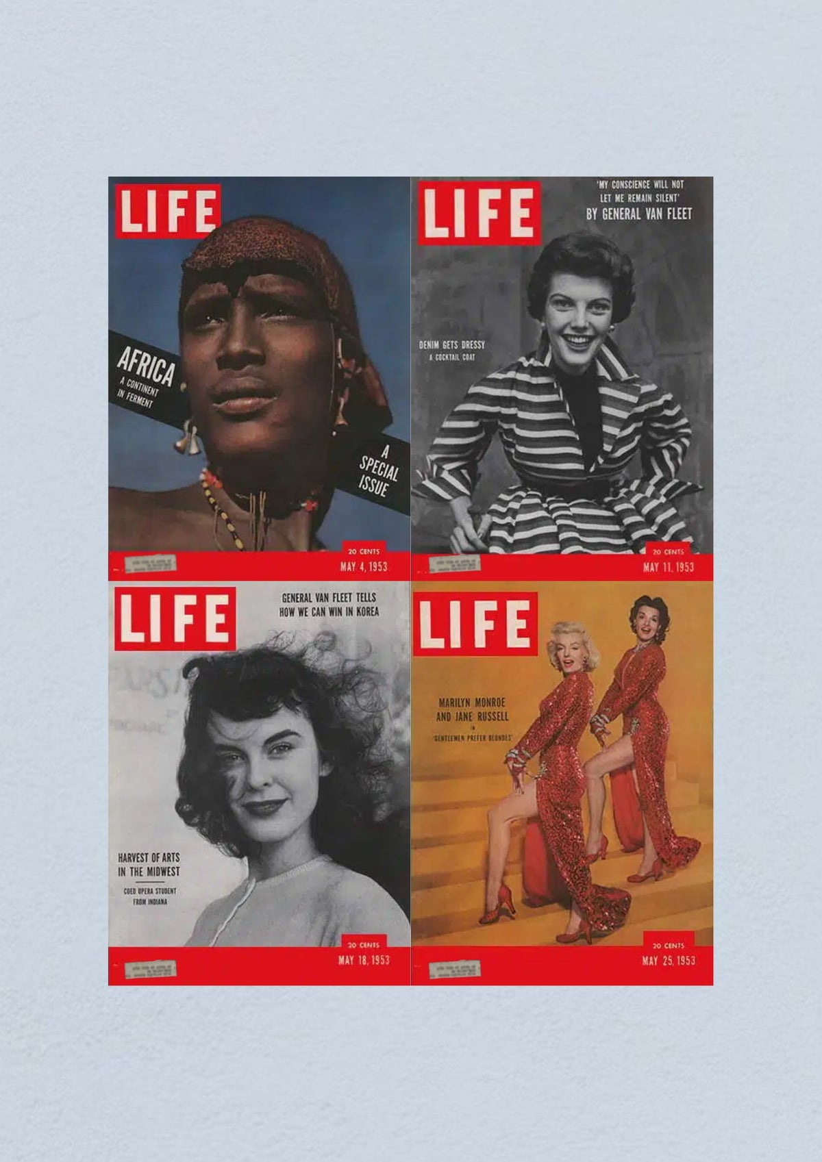 Life Magazine Lot of 4 Full Month of May 1953 featuring covers from May 4, 11, 18, and 25 showcasing African culture, denim fashion, a student opera singer from Indiana, and highlights of the month.