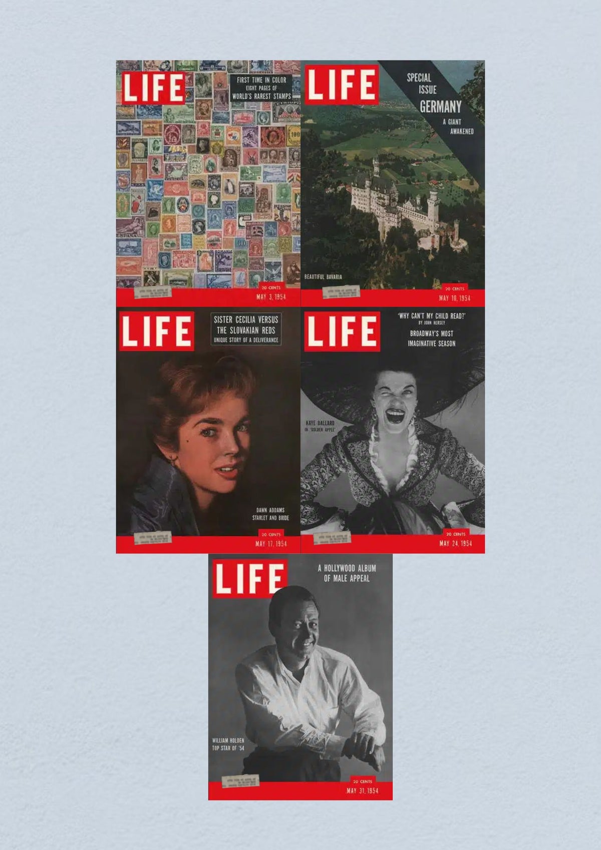 Life Magazine collection featuring five full issues from May 1954, showcasing significant historical snapshots from the Civil Rights Era. Captions include topics such as rare stamps, Bavaria, Broadway, and Hollywood appeal.