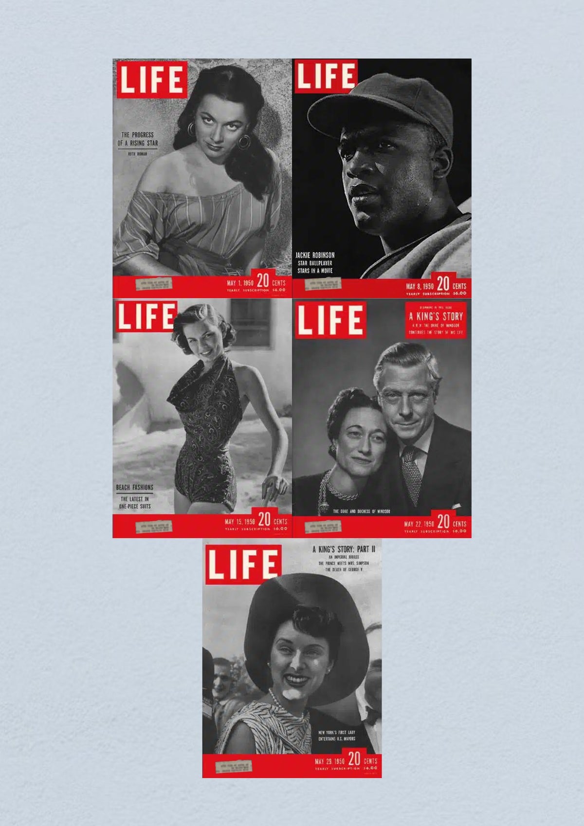 Life Magazine Lot of 5 Full Month May 1950, featuring covers from May 1st with actress Ruth Roman, May 8th with baseball legend Jackie Robinson, May 15th showcasing beach fashion, May 22nd with royal profiles, and May 29th featuring a cheerful woman.