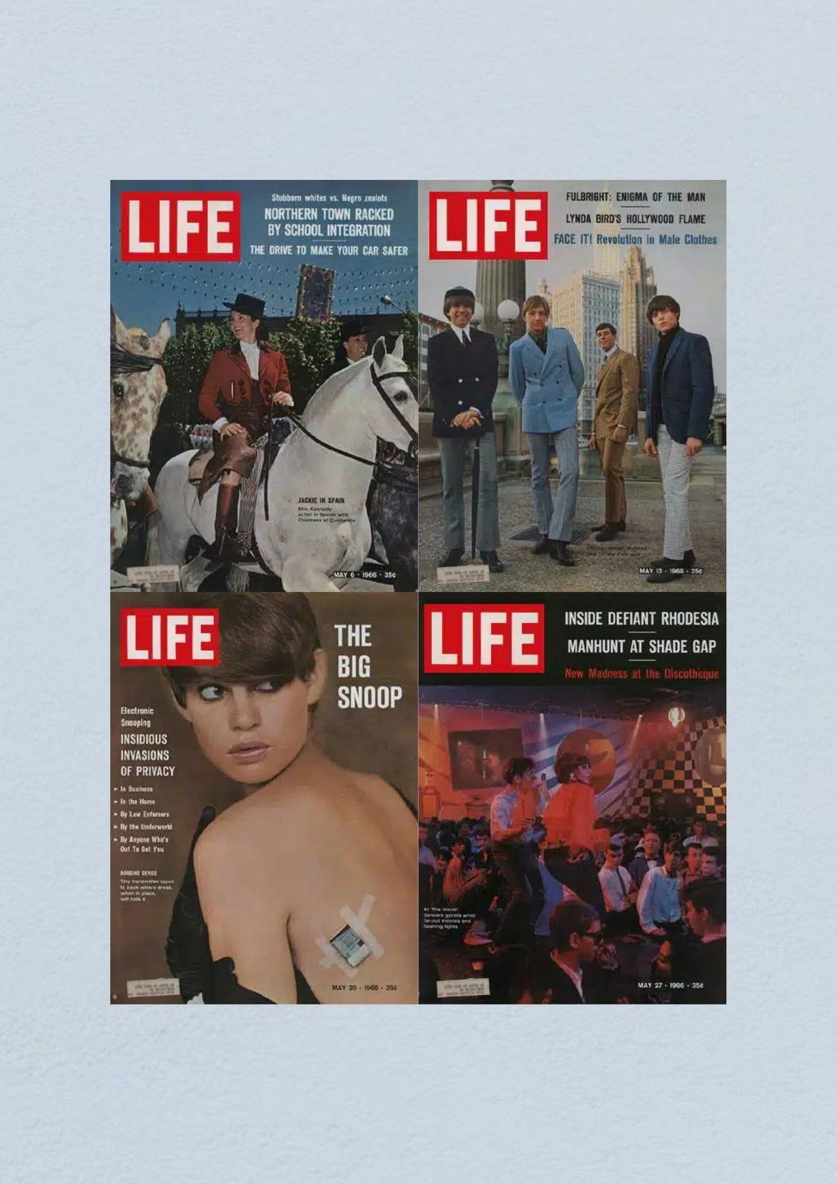 Life Magazine Lot of 4 covering May 1966, features the covers of issues from May 6, 13, 20, and 27 including Jackie Kennedy in Spain, Revolution in Male Clothing, Electronic Bugging, and cultural events.