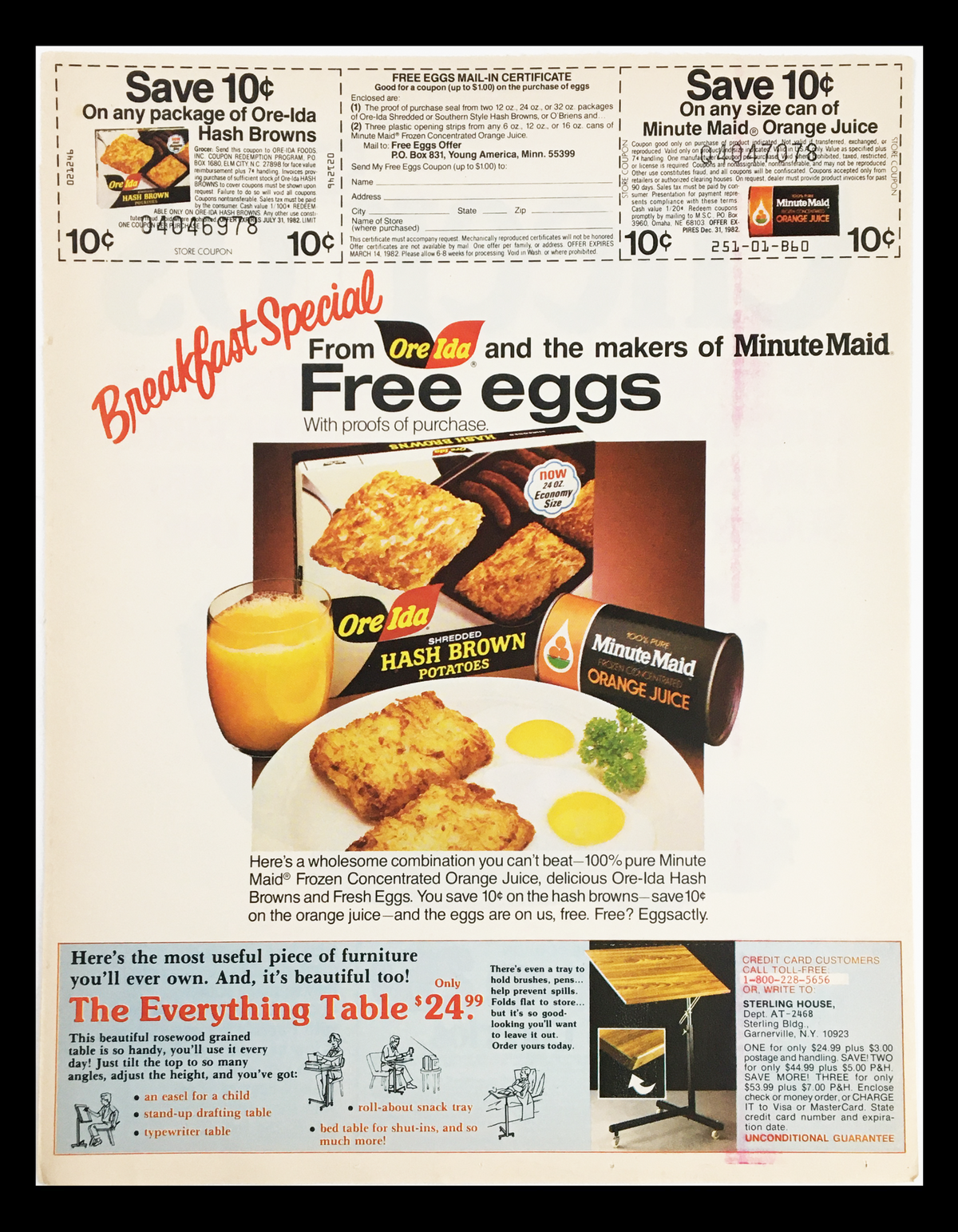 1982 Breakfast Special advertisement featuring Ore-Ida Hash Browns and Minute Maid Orange Juice, promoting a coupon for free eggs with proof of purchase.