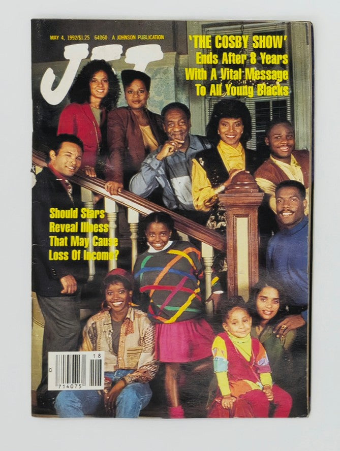 Vintage Jet Magazine cover from May 4, 1992 featuring Bill Cosby and the cast of 'The Cosby Show'. The cover highlights the show's cultural significance and includes articles on celebrity topics.