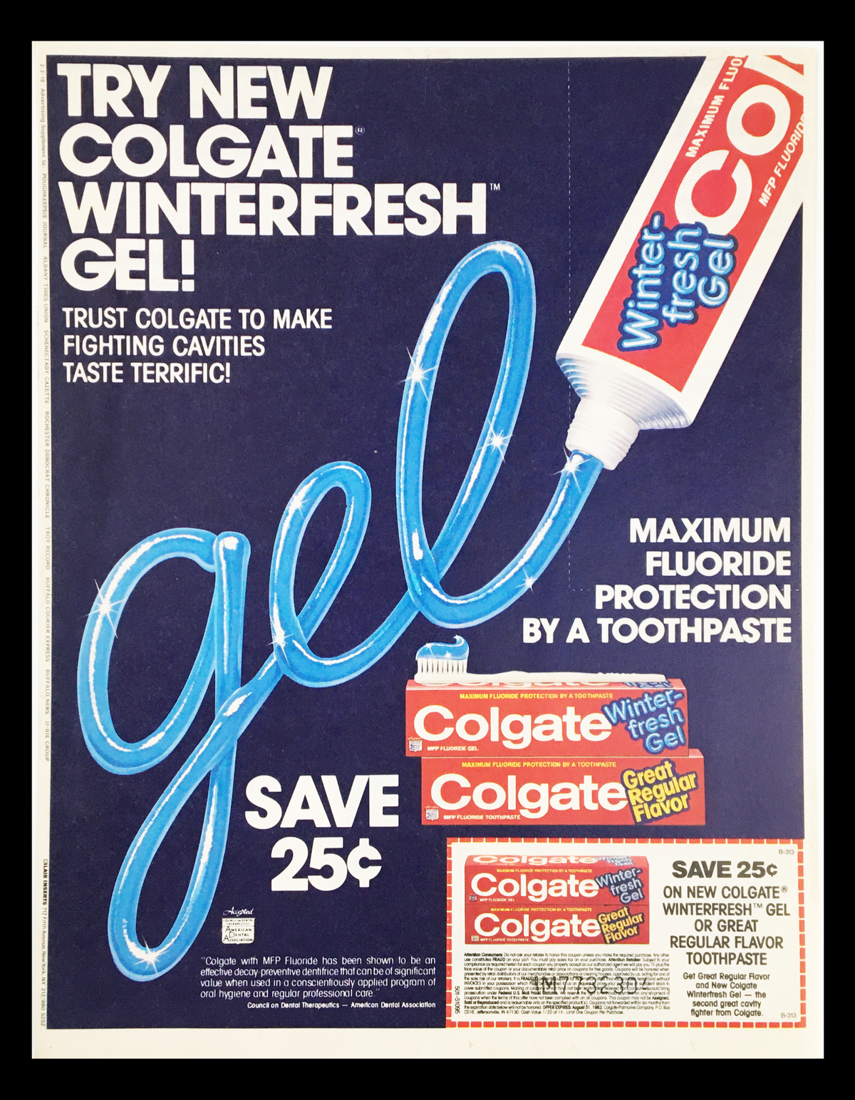 1981 Colgate Winterfresh Gel Toothpaste Circular Coupon Advertisement featuring the product's packaging and promotional text about maximum fluoride protection.