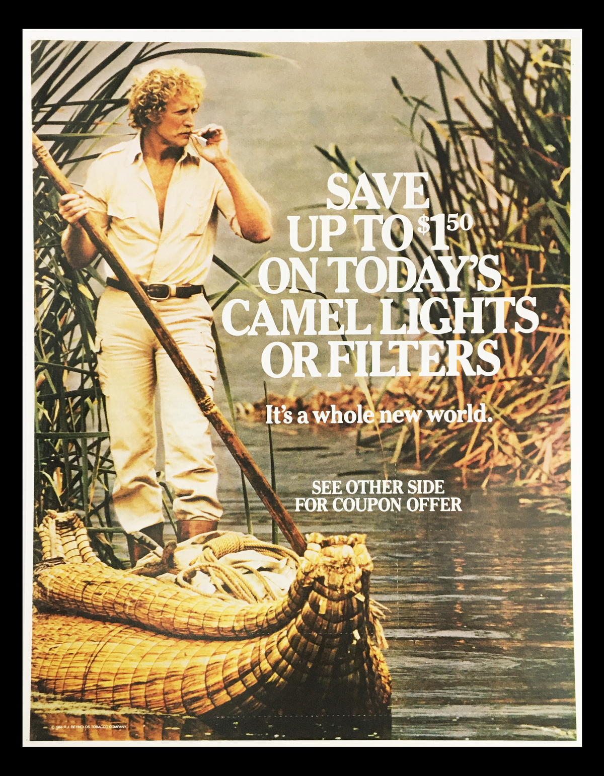 1984 Camel Lights Filters Circular Advertisement featuring a man in casual attire fishing from a canoe in a scenic setting, promoting savings on Camel Lights or Filters with a coupon offer.