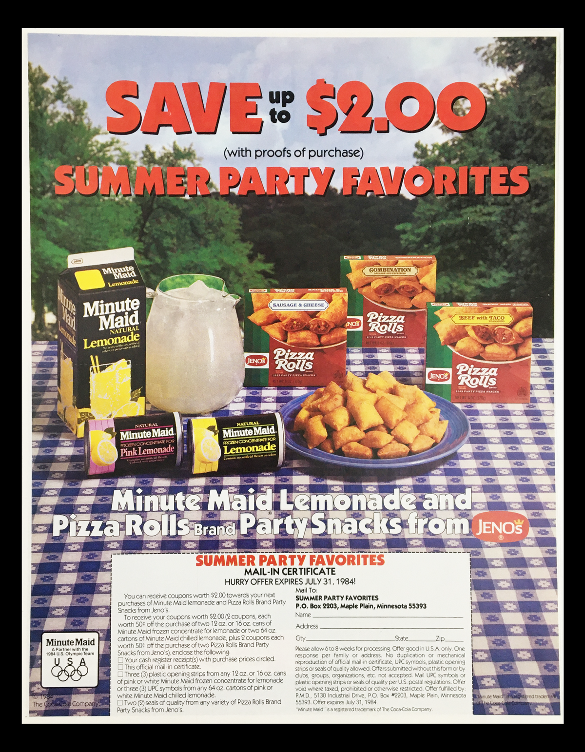1984 Minute Maid Summer Party Favorites Circular Coupon Advertisement featuring Minute Maid Lemonade and Pizza Rolls with snack options, showcasing a refreshing drink and party treats.