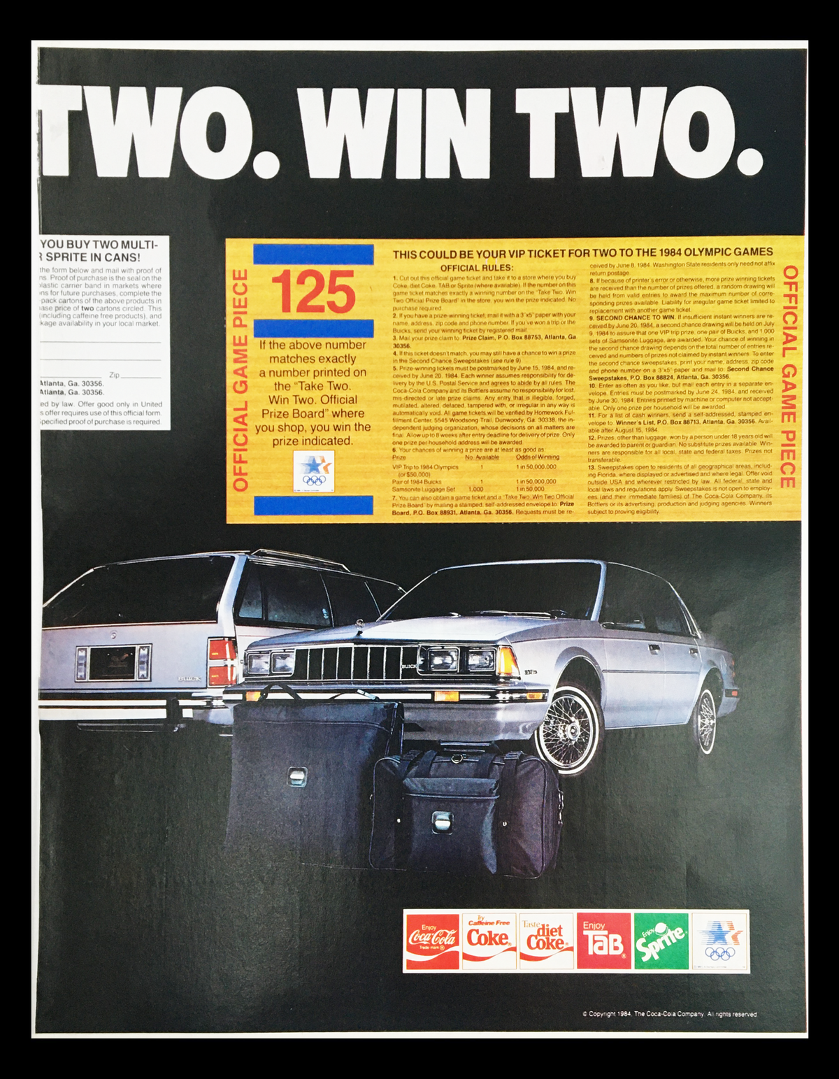 1984 Minute Maid Summer Party Favorites Circular Coupon Advertisement highlighting a promotional game piece related to the Olympic Games, featuring two cars and details about winning prizes.