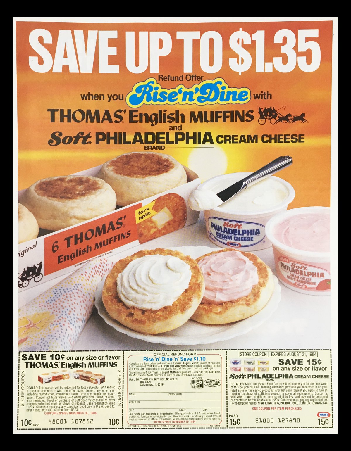 1984 Thomas' English Muffins Rise n' Dine Circular Coupon Advertisement featuring English muffins and Philadelphia cream cheese with savings offers.