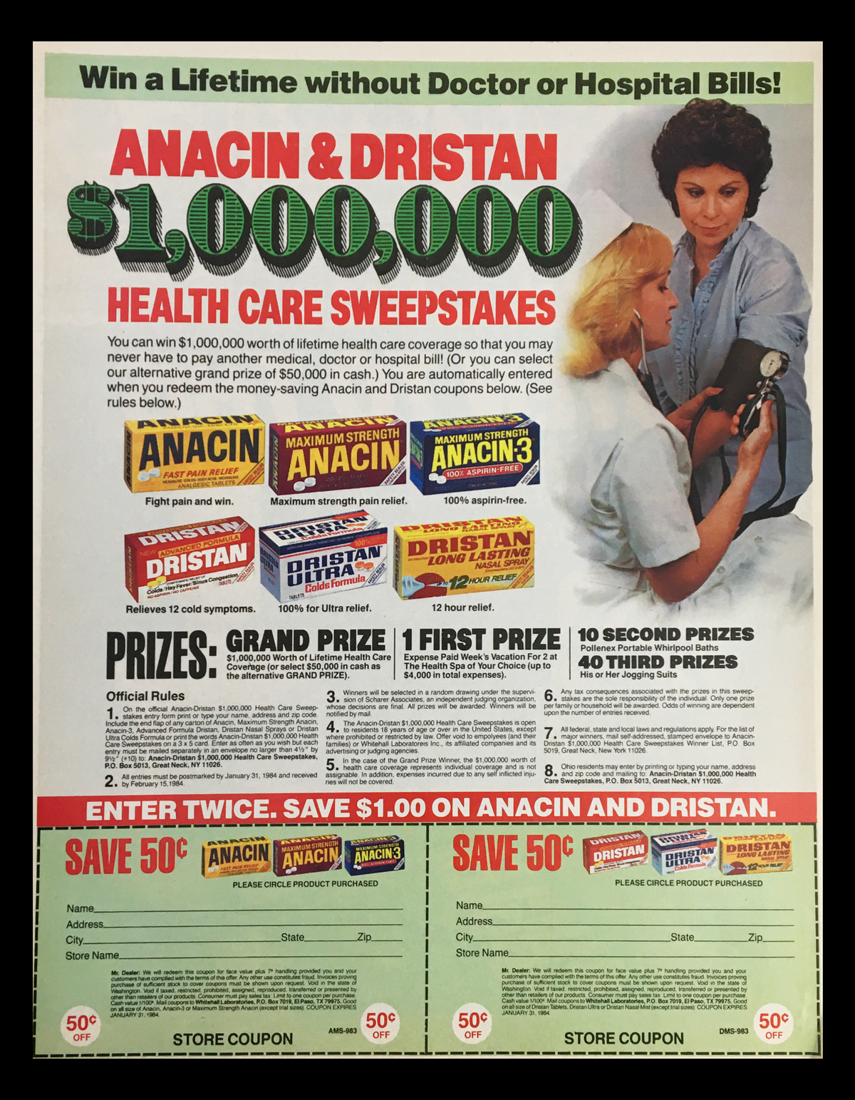 1983 Anacin & Dristan Health Care Sweepstakes Advertisement showcasing a $1,000,000 health care coverage offer. The ad includes images of Anacin and Dristan products, promoting savings and prizes for participants.